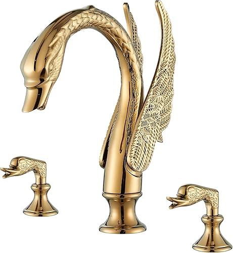 Gold Swan - Grifo para lavabo de baño, 3 agujeros, grifo de baño, doble cisne, lavabo, mezclador, grifo mezclador de baño, grifo contemporáneo,