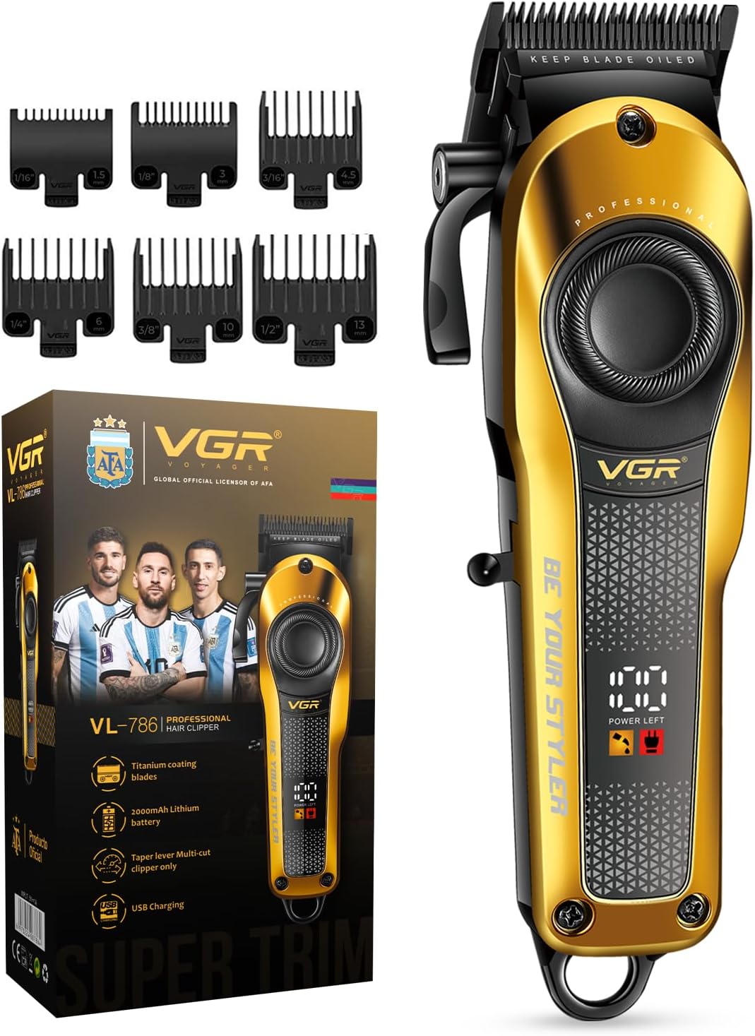 VGR VL-786 Professional Hair Clipper for Men & Salons | Cord & Cordless | Titanium Blades | LED Display | Taper Lever | 6 Guide Combs | 200 min Long Runtime | Fast Charging | 1+1 Year Warranty | Gold