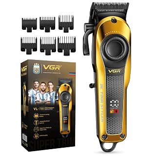 VGR VL-786 Professional Hair Clipper for Men & Salons | Cord & Cordless | Titanium Blades | LED Display | Taper Lever | 6 Guide Combs | 200 min Long Runtime | Fast Charging | 1+1 Year Warranty | Gold