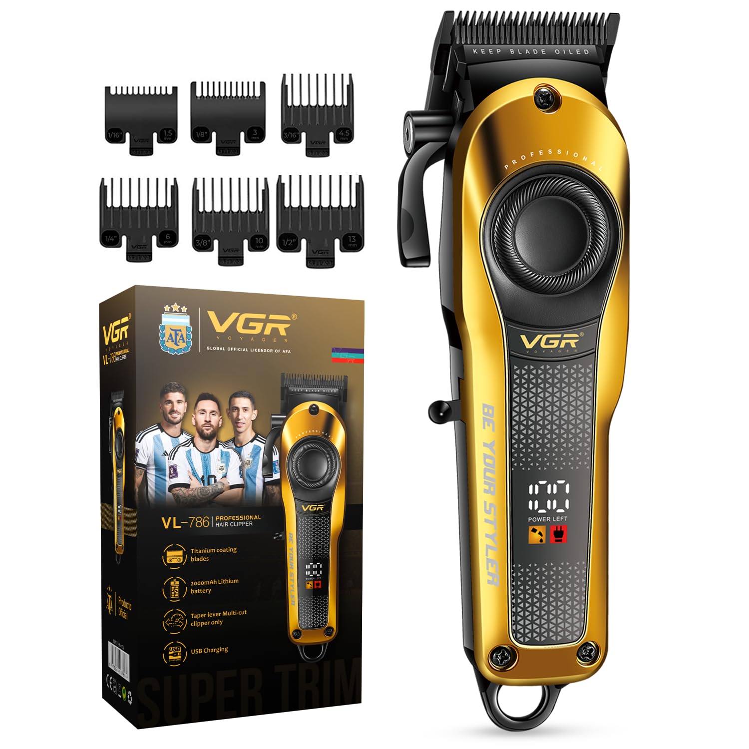 VGR VL-786 Professional Hair Clipper for Men & Salons | Cord & Cordless | Titanium Blades | LED Display | Taper Lever | 6 Guide Combs | 200 min Long Runtime | Fast Charging | 1+1 Year Warranty | Gold