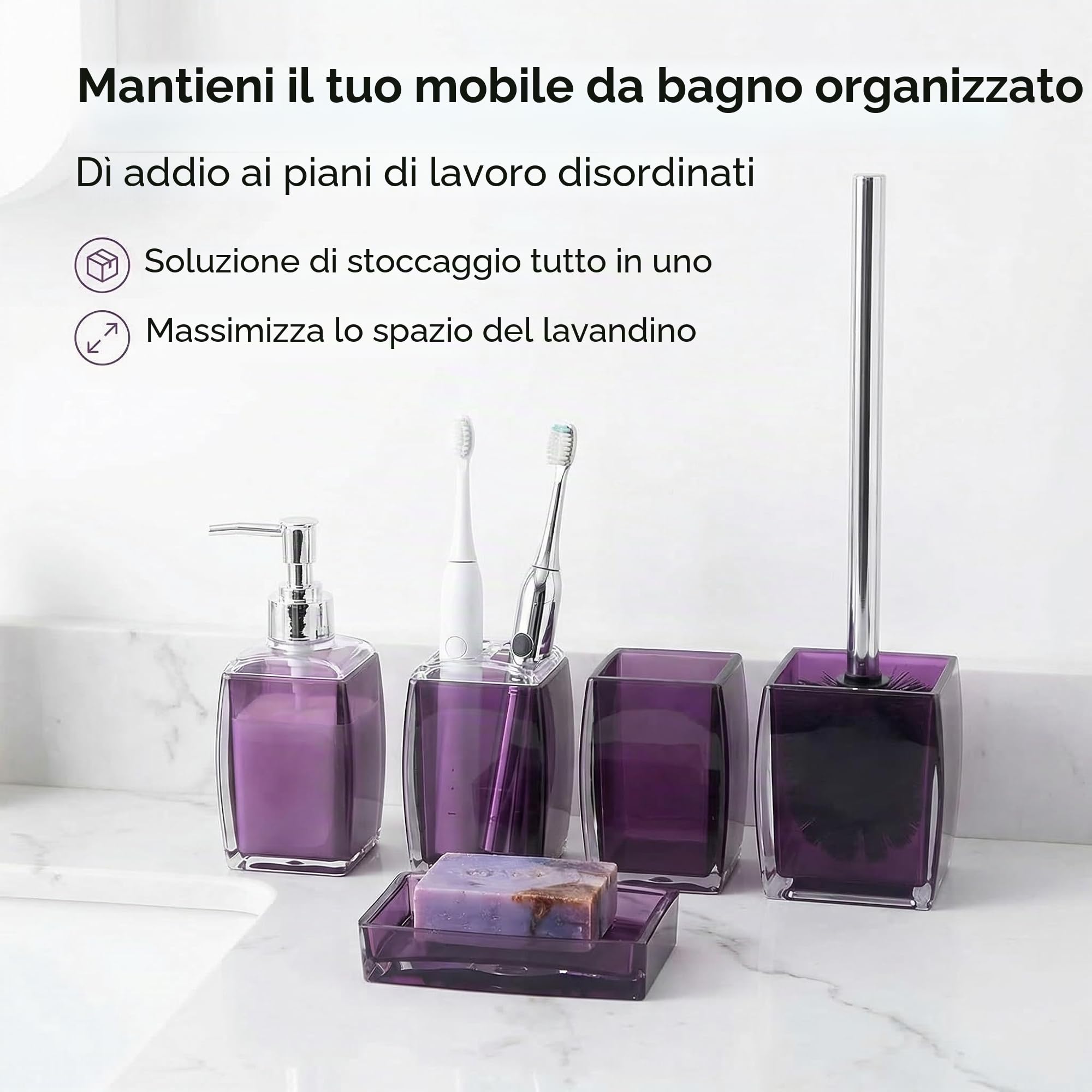 Set completo di accessori da bagno in resina/acrilico viola, dispenser per lozione/sapone, portasapone, portaspazzolino, bicchiere, scopino e supporto, decorazione moderna per il bagno e set