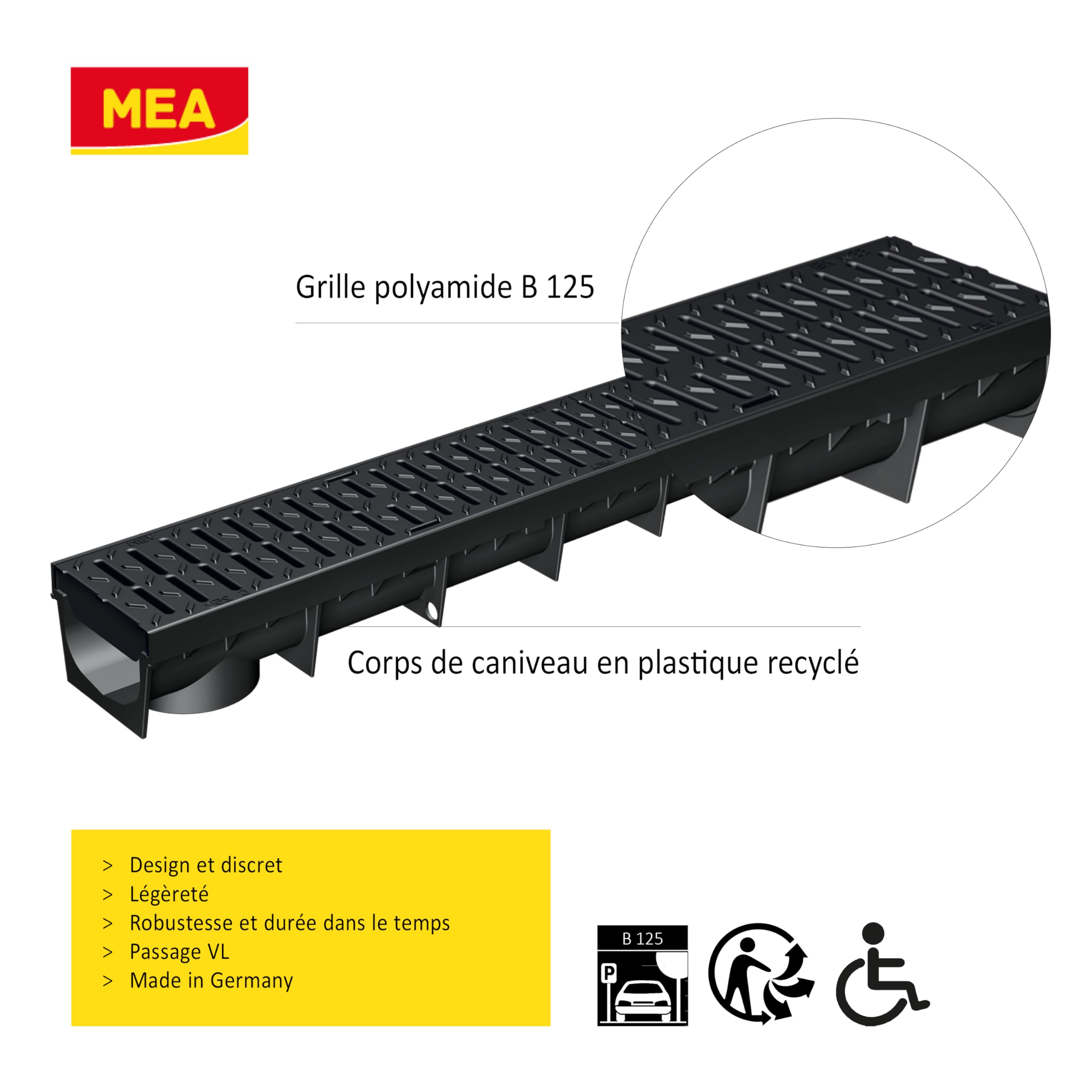 MEA Caniveau Extérieur MEAPARK 1 m Grille Passerelle Polyamide Drainage Terrasse Classe B125 Largeur utile 10 cm