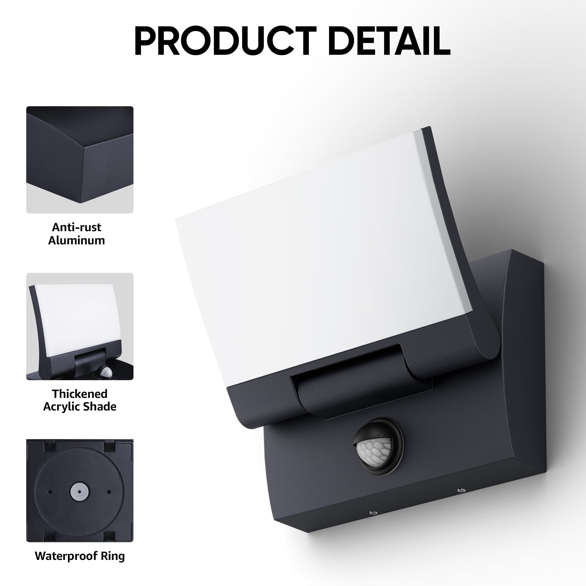 K-Bright 30W Lampa naścienna zewnętrzna/wewnętrzna LED z czujnikiem ruchu Antracyt Lampa zewnętrzna IP65 3000K z obrotowym akrylowym panelem 150° do ogrodu, tarasu, wejścia