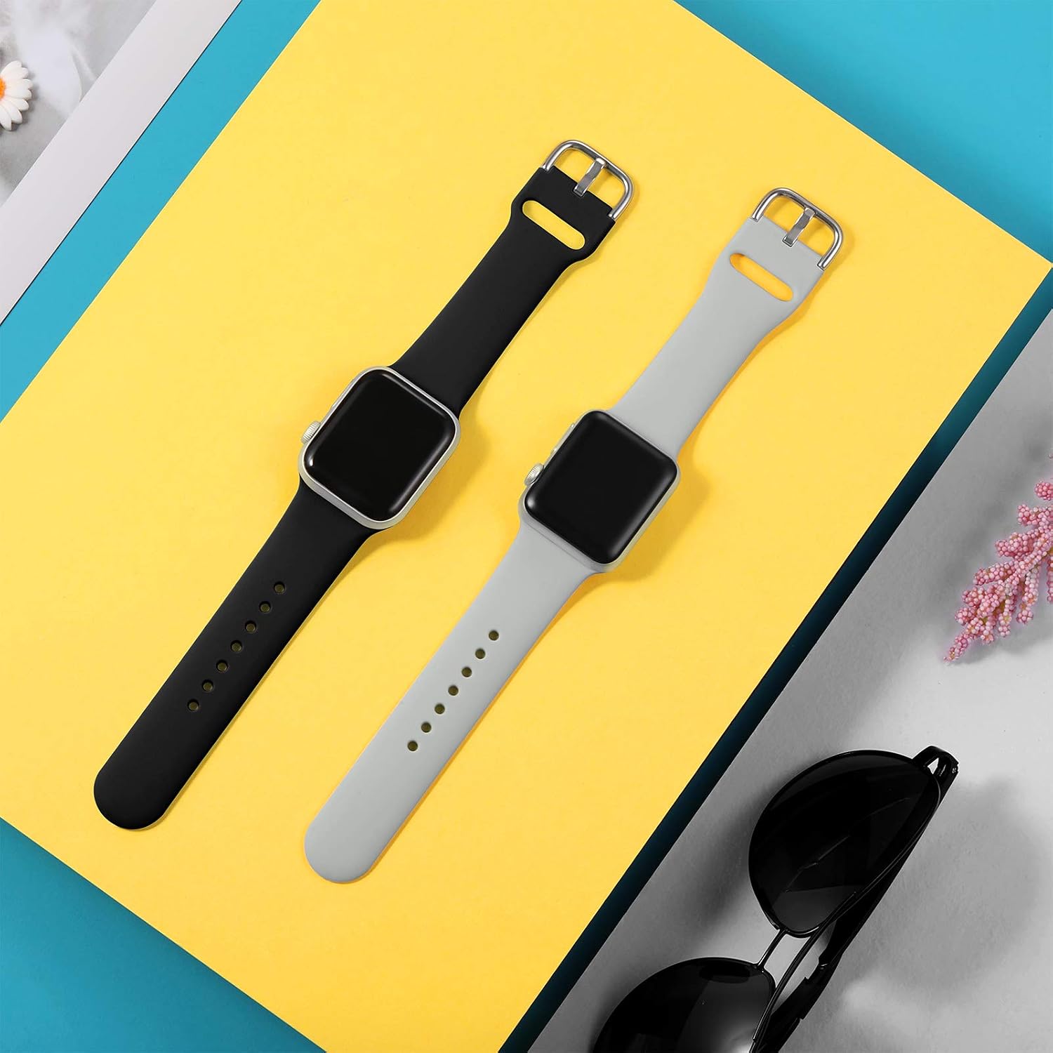 Dirrelo Compatible for Apple Watch Bands 40mm 38mm Series SE 6 5 4 3 2 1 Strap, Soft Silicone Replacement Sport Wrist Band for iwatch Band Women Men, Small Black & Gray 2-Pack