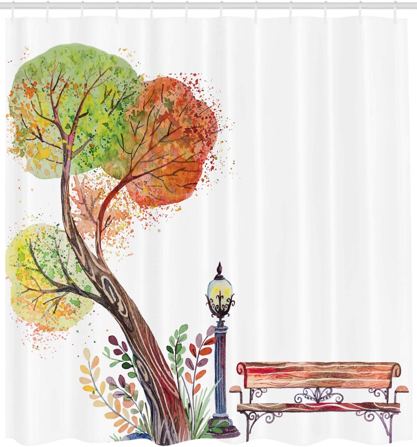 Ambesonne Forest Shower Curtain, Autumn Day in The Park with Fall Leaves and Trees Hand Drawn Style Vintage Picture, Cloth Fabric Bathroom Decor Set with Hooks, 69" W x 75" L, Green Brown