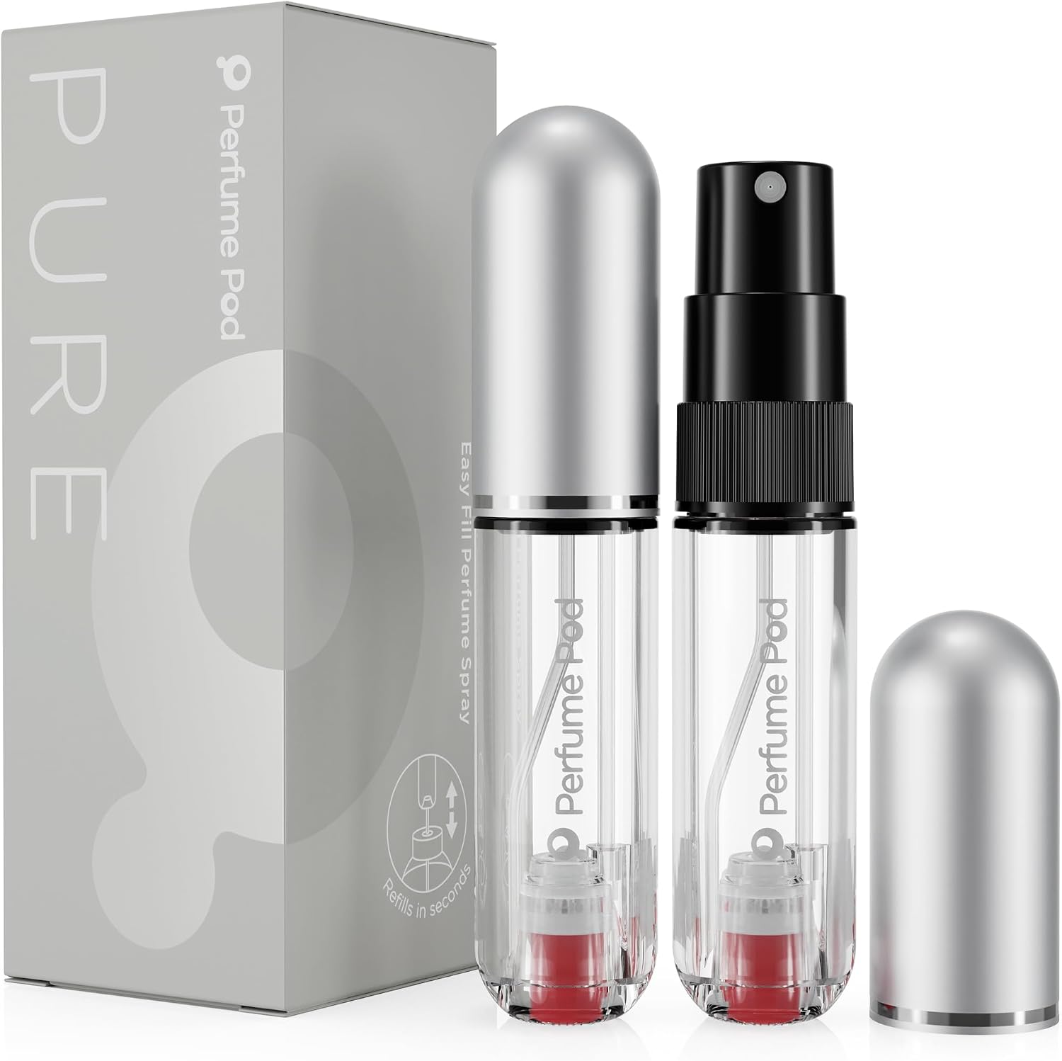 Perfume Pod PURE Refillable Travel Perfume Atomizer, 5 ml, Silver
