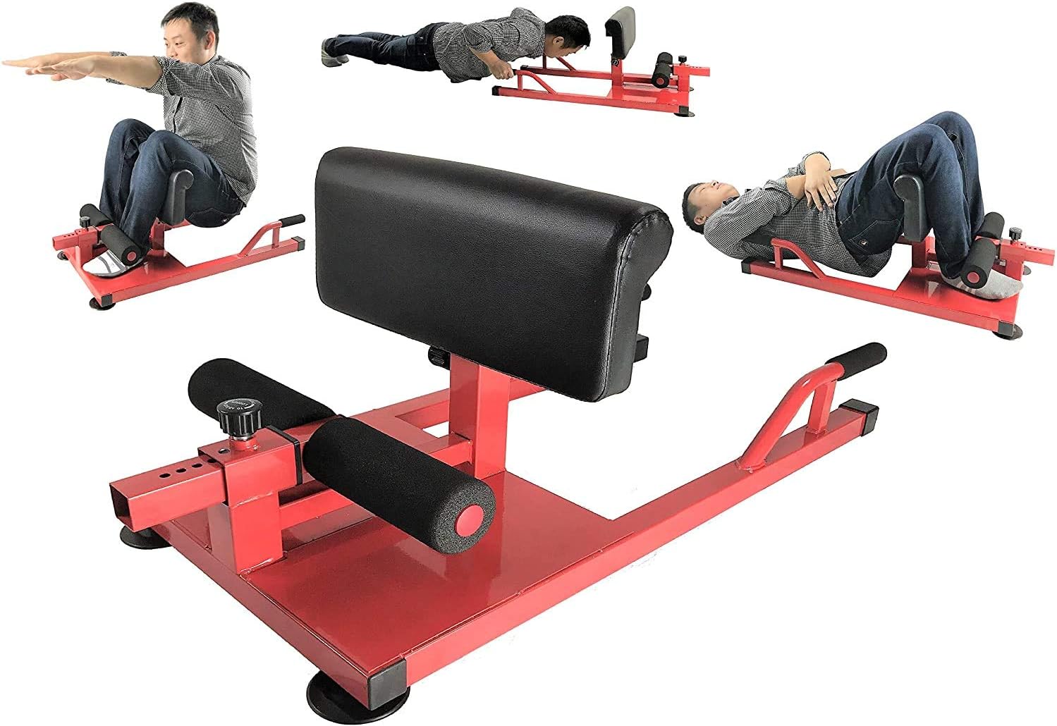 Iron Bar Deluxe Multi-Function Deep Sissy Squat Bench 8-in-1 Home Gym Workout Station Leg Exerciser for Strong Quads/Glutes + 2 Handles, Ab Core Workout Training Push Up Sit Up Exercise Machine Red