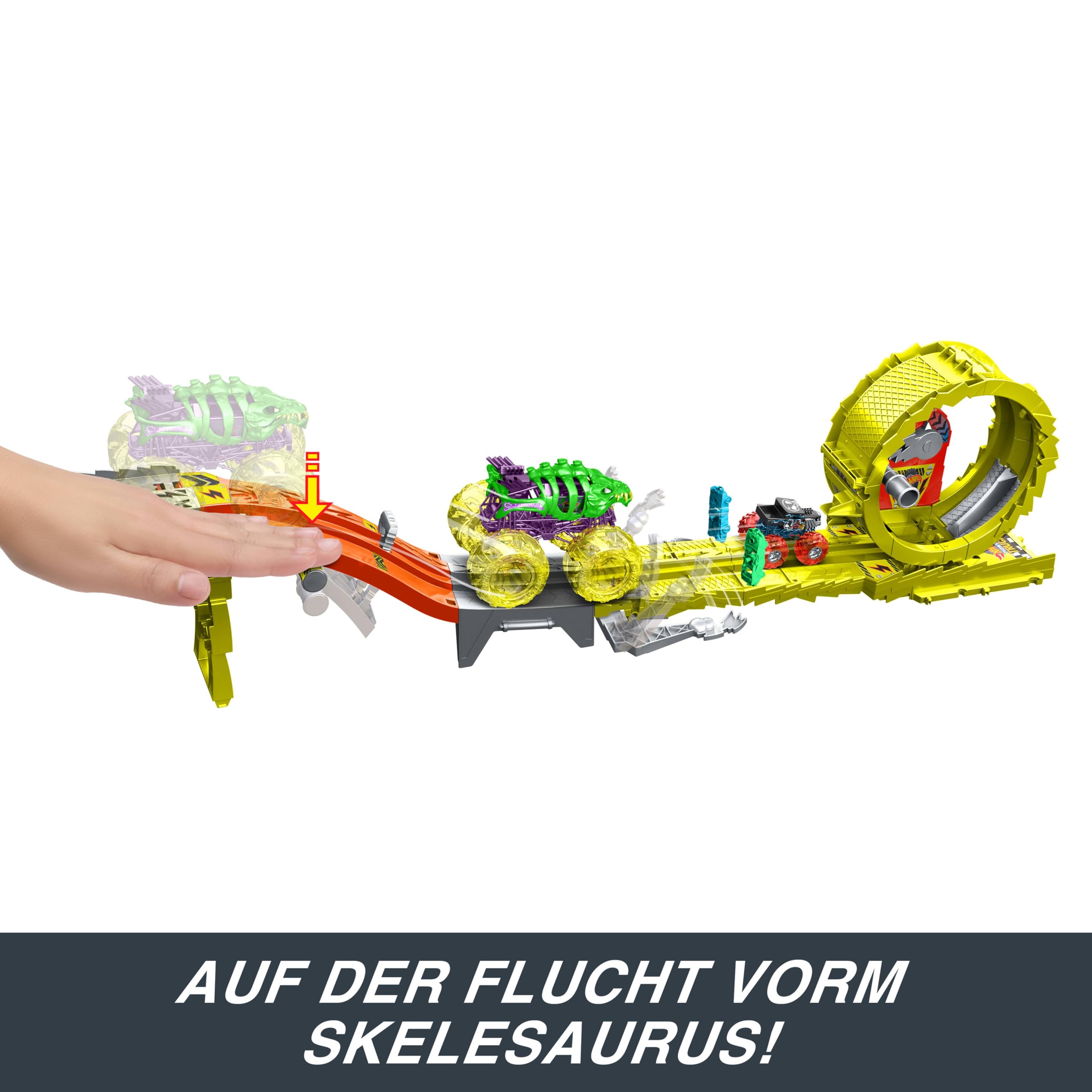Hot Wheels Monster Trucks Trackset mit 2 Spielzeugtrucks: extragroßer Skelesaurus und 1 Bone Shaker im Maßstab 1:64, Race & Chase Challenge mit 2 zerdrückten Autos, HYT07