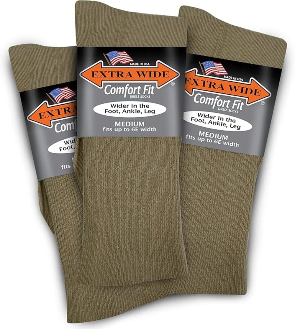 Extra Wide Lightweight Cotton Crew Comfort Fit Dress Socks (Pack of 3) Made in the USA