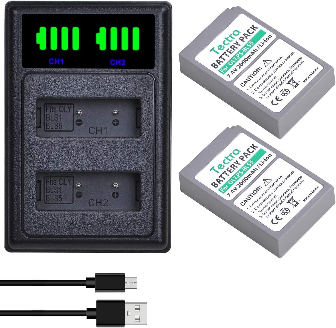 Tectra 2-Pack BLS-5 BLS-50 PS-BLS5 Battery + LED Dual Charger for Olympus OM-D E-M10 Mark II, III, IV, Pen E-PL2, E-PL5, E-PL6, E-PL7, E-PL8, E-PL9, E-PL10, E-400, E-PM2, Stylus 1 Cameras