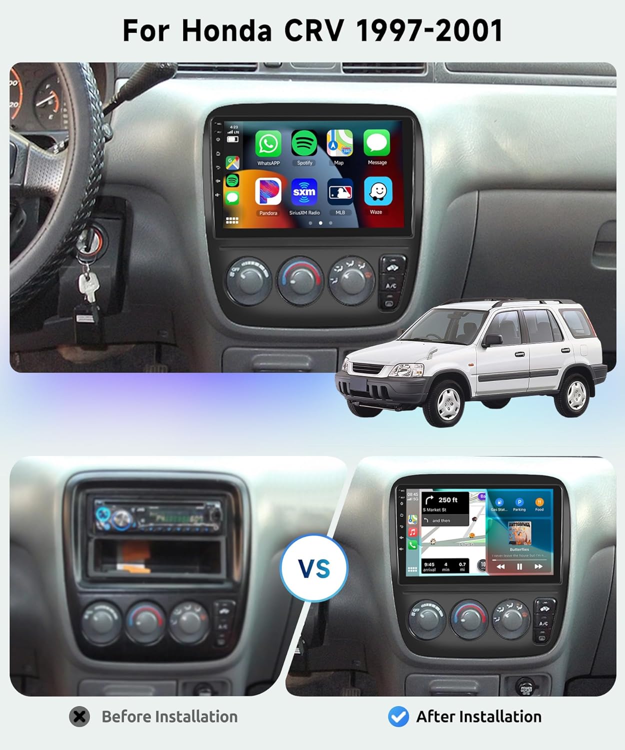 2G+64G Car Radio for Honda CRV 1997 1998 1999 2000 2001, Wireless Carplay Android Auto Car Stereo, 9" IPS Touchscreen with WiFi, GPS, Bluetooth,FM/RDS,32EQ DSP, Rear Camera