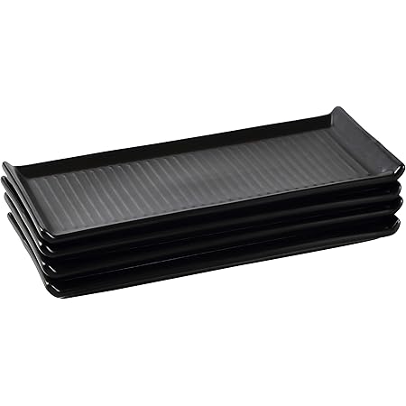 Bruntmor 10.5" x 5" Grill Lines Design Set Of 4 Serving Trays Modern Dinner Plates Rectangular Platters,Black