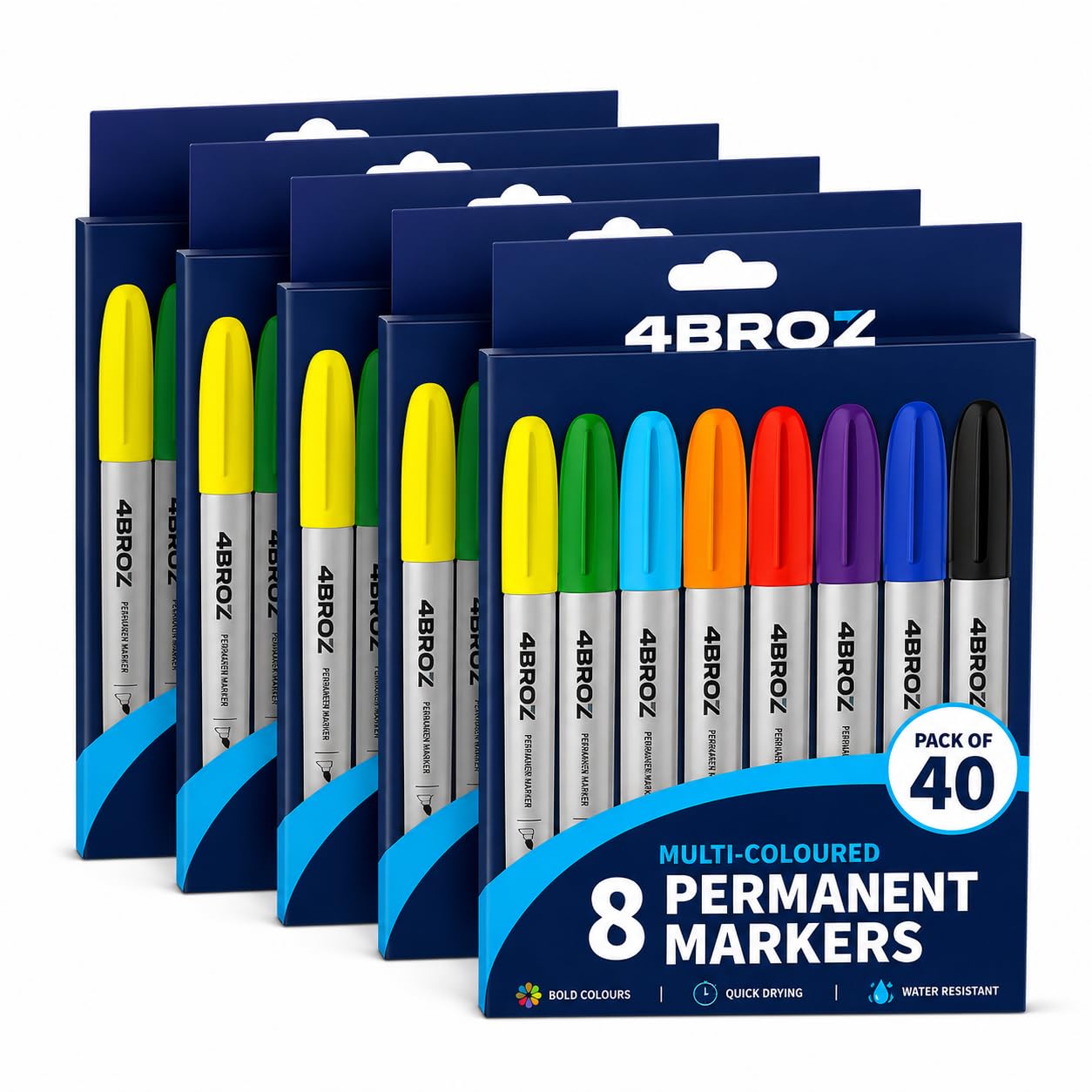 4BROZ Coloured Permanent Markers 40 Pack, 8 Colours, Chisel Tip Marker Pens