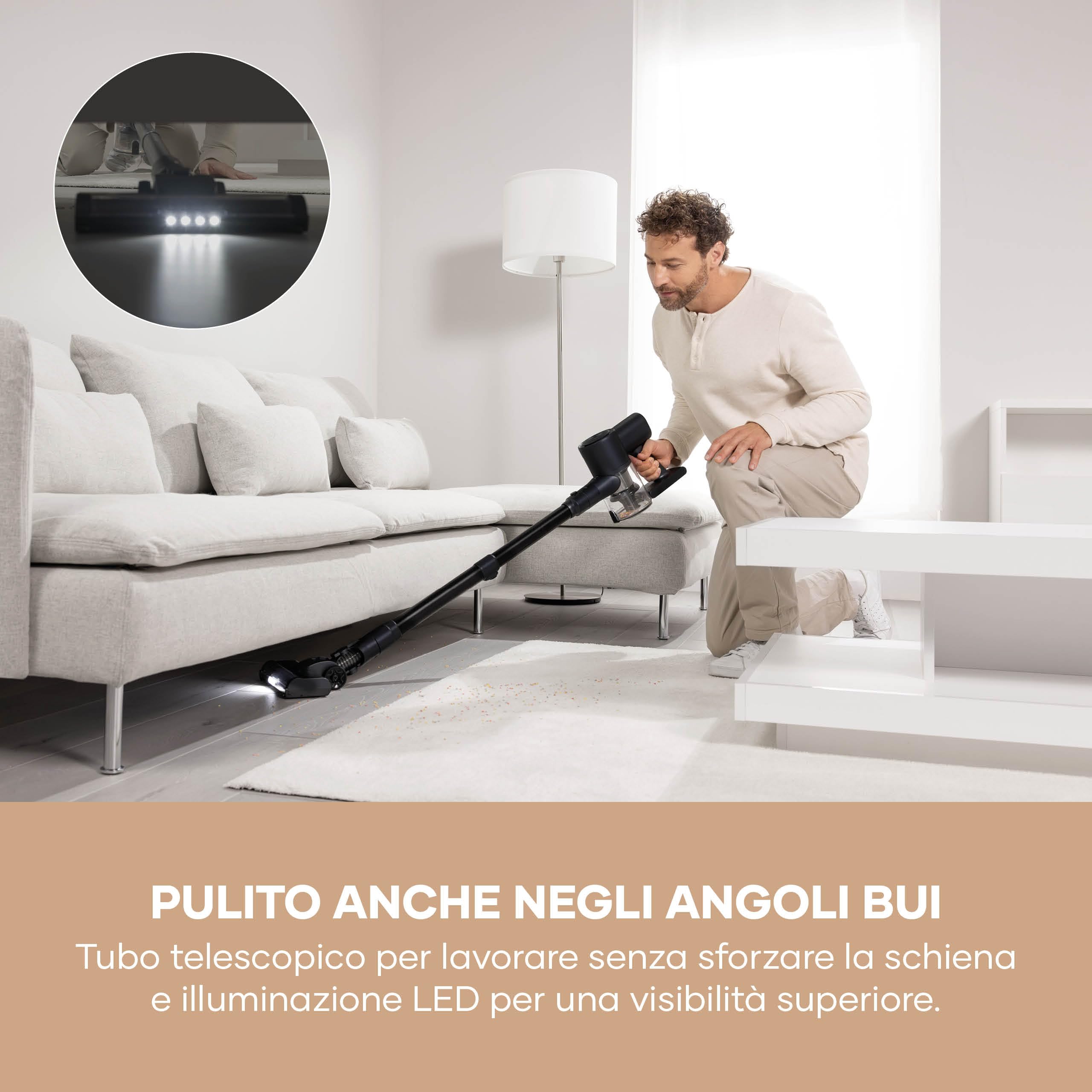 SEVERIN Scopa Elettrica Senza Fili, Leggera 1,5 kg, 130 W, Autonomia 40 Min, Tubo Telescopico Regolabile, Luce LED, 2 Accessori Pavimenti e Mobili, 11000 Pa, S-Power, Nero - HV 7194