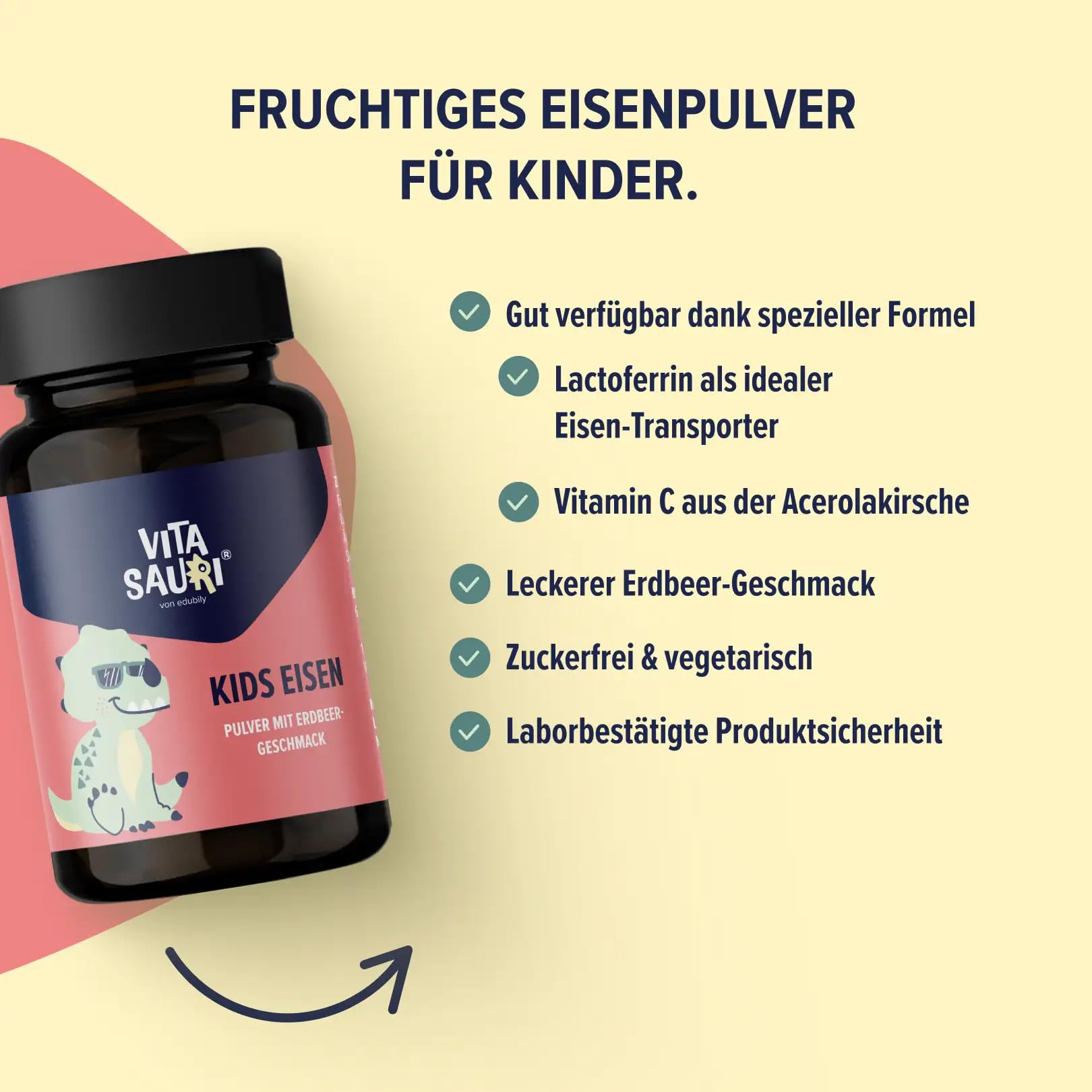 Vitasauri Kids Eisen - Eisenpulver für Kinder mit Lactoferrin & Vitamin C aus Acerolaextrakt - Leckerer Erdbeer-Geschmack - Vegetarisch - Ohne Zucker (65 g)