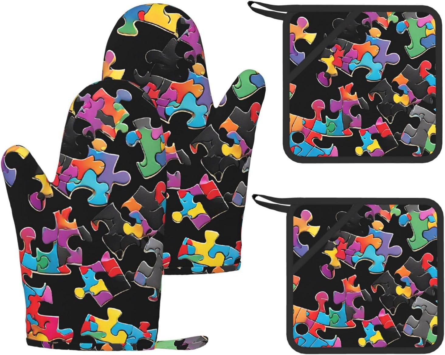 Autism Awareness Puzzle Pieces Heart Oven Mitts and Pot Holders Set of 4 Heat Resistant Kitchen Gloves with Silicone Palm Hot Pads for Baking Cooking Grilling BBQ