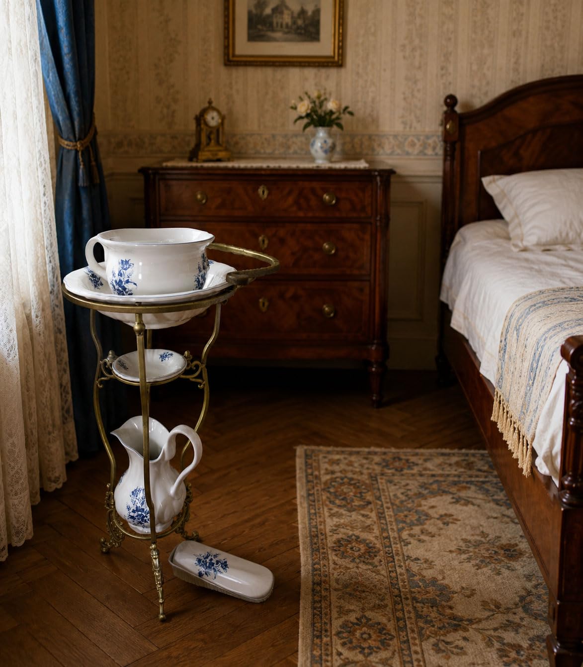 Waschschüssel Ständer im Barock Stil mit Wasch-Set komplett mit blauen Blumenmuster auch für den Garten