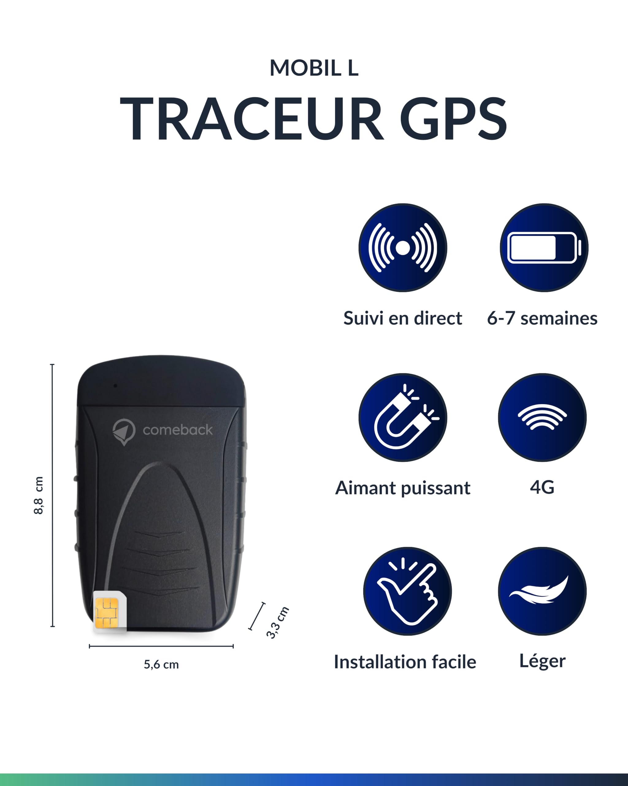 Tracker GPS Comeback sans abonnement avec Carte SIM, magnétique ou intégré, UE, Royaume-Uni et Suisse, Activation par paiement Unique, Application Gratuite