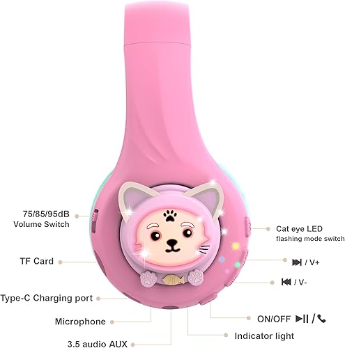 Miniatura 7 de Riwbox Kids Headphones, CB-7S Cat Kids Toddler Headphones with LED Light, 758595dB Volume Limited, Kids Bluetooth Headphones with Mic for