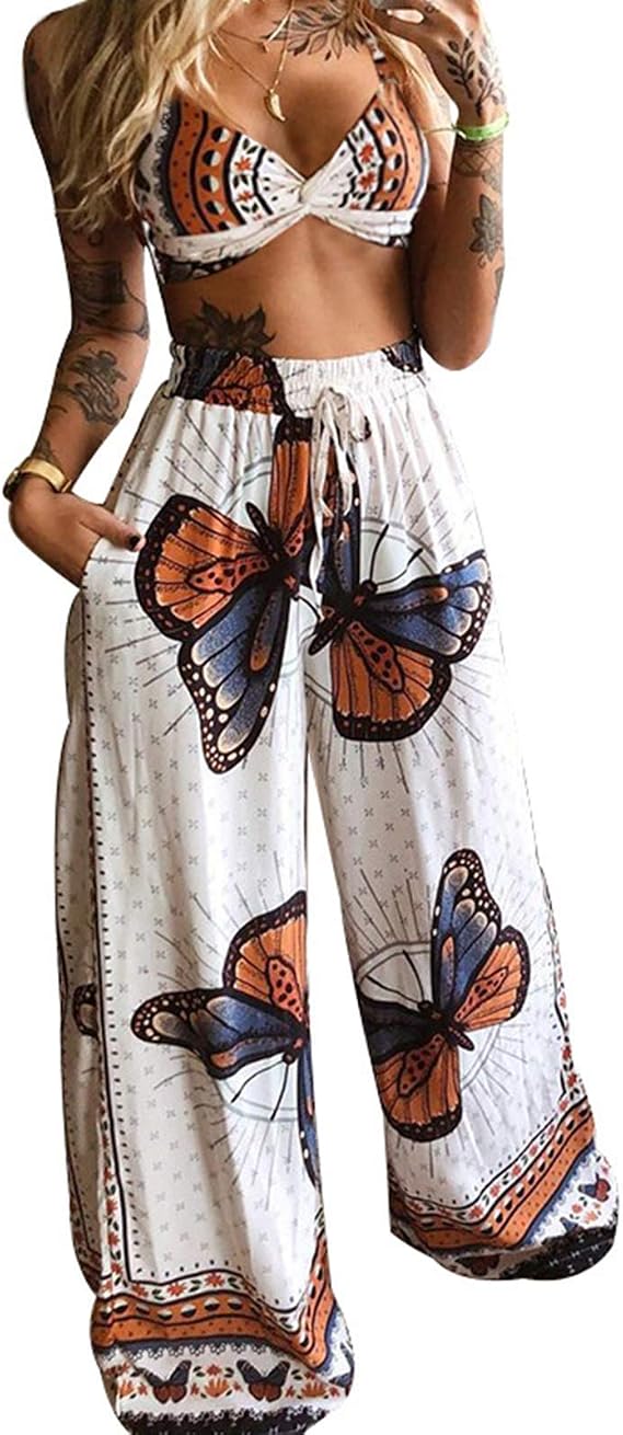 Amazon.com: Mujeres Boho 2 Piezas Conjunto Conjunto Bohemio Mariposa  Impresión Crop Top+Ancho Pierna Larga Palazzo Pantalones Verano Beachwear :  Ropa, Zapatos y Joyería