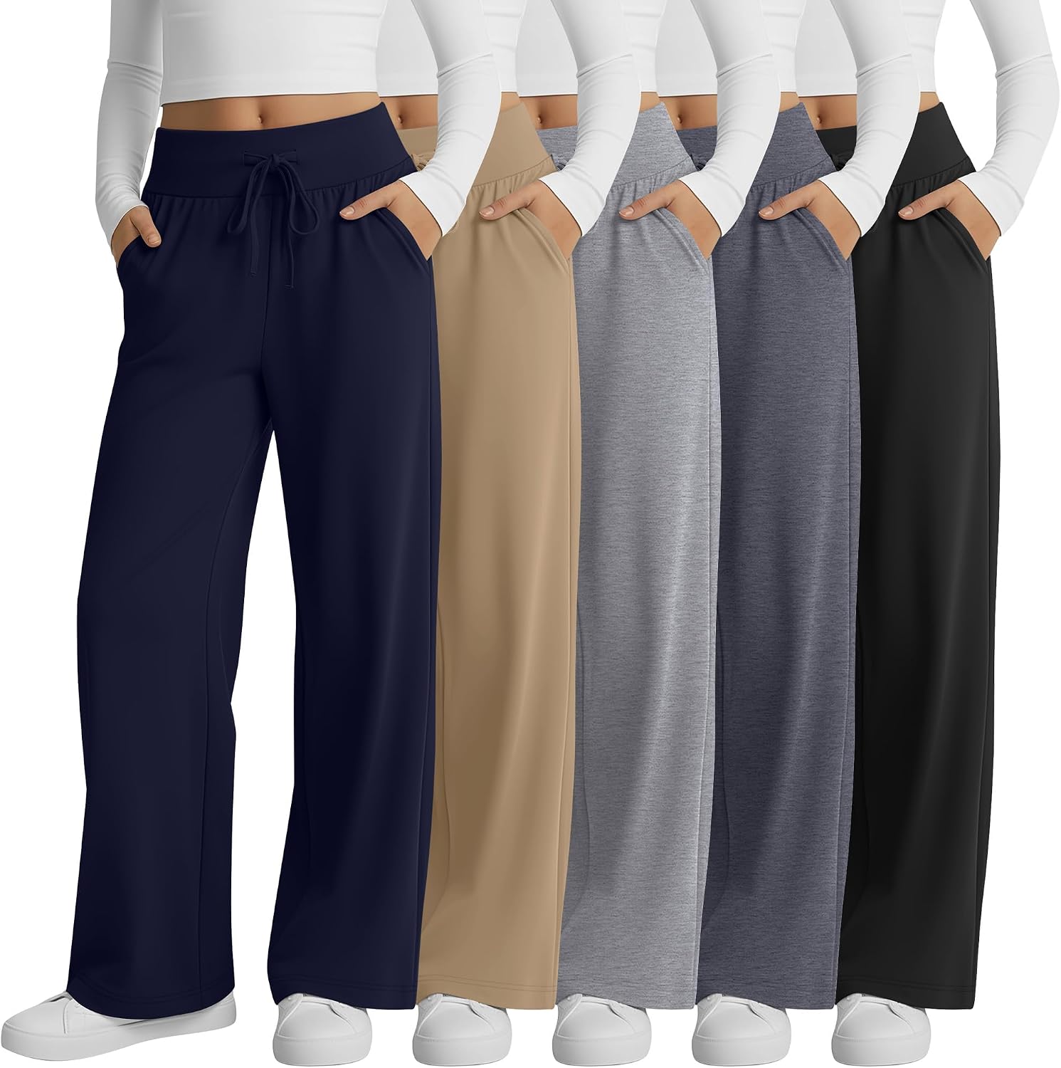 5 Pack Girls Wide Leg Pants | Back to School Outfits for Girls Trousers, Yoga Pants, Casual, Baggy, Sweatpants, with Pockets, Drawstring, Kids, 5-14 Years
