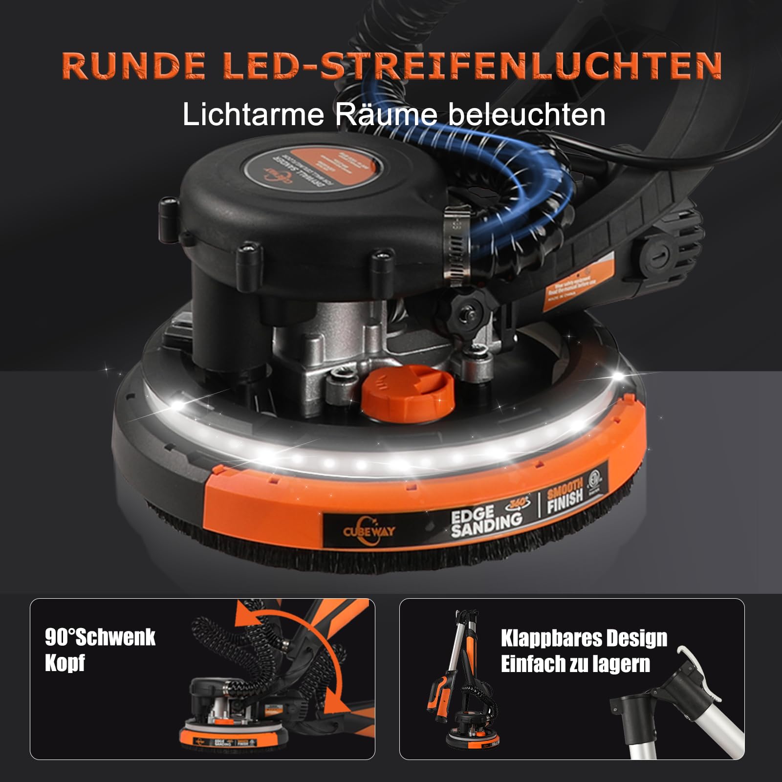 Lijadora de pared y techo, 750 W, velocidad máxima de 1800 rpm, lijadora de pared con LED y mango telescópico, lijado de 215 mm, bolsa de extracción, mango plegable, cabezal inclinable