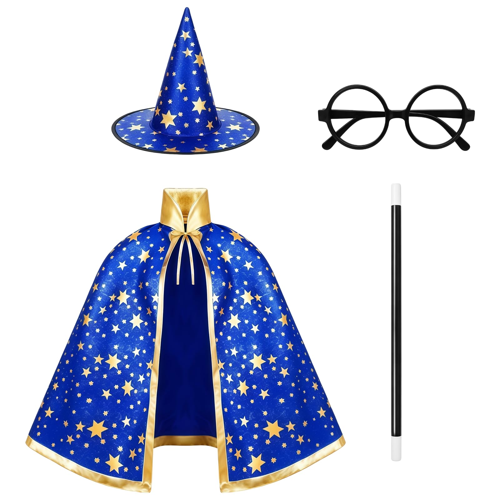 XNHIU 4Pcs Wizard Cape Witch Cloak Set Magic Wand, Glasses, Pointed Hat and Cape with Golden Stars Halloween Party Cosplay Costume (Blue) โ image 1