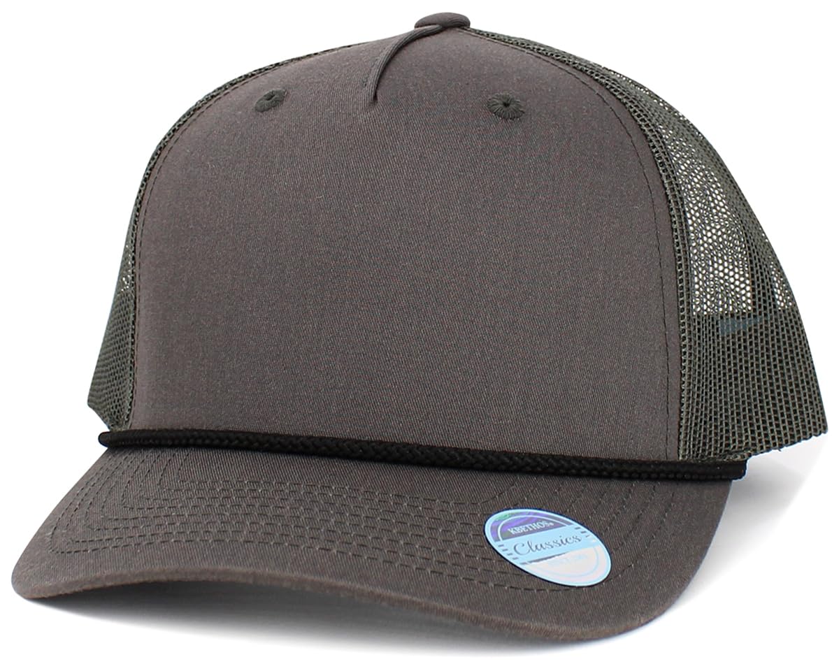 KBE-5-ROPE DGY-BLK Classic 5 Panel Cotton Twill Mesh Trucker Cap Hat Adjustable Snapback Hat
