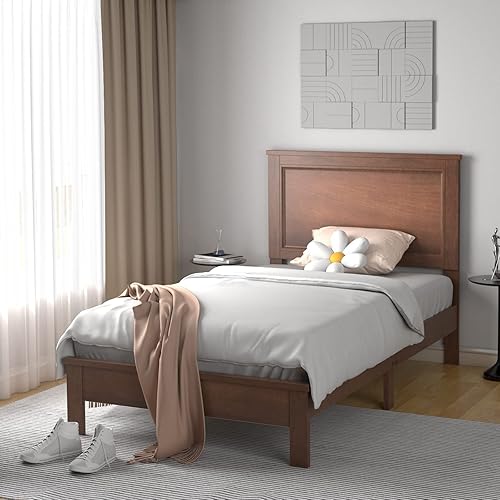 Miniatura 4 de KOMFOTT Base de cama de madera de tamaño individual con cabecero, plataforma de madera de mediados de siglo con soporte de listones y almacenamiento