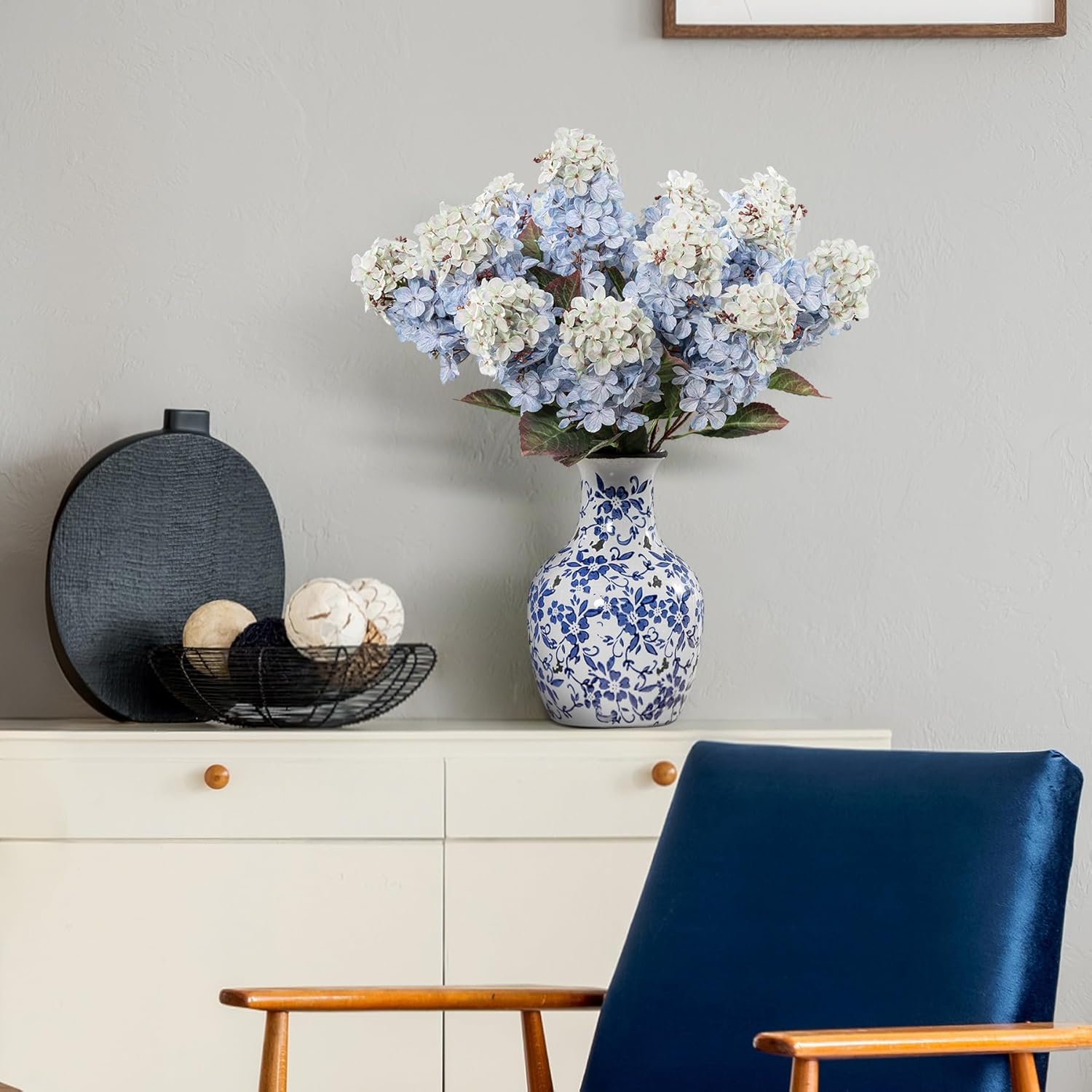 Hydrangea Artificial Flowers,Fall Hydrangeas Artificial Flowers,Blue Fake Fall Dried Hydrangea Flowers Decoration,Faux Silk Flower with Stems Winter Decor(Blue 24" 8pcs) Without Vase - Image 9