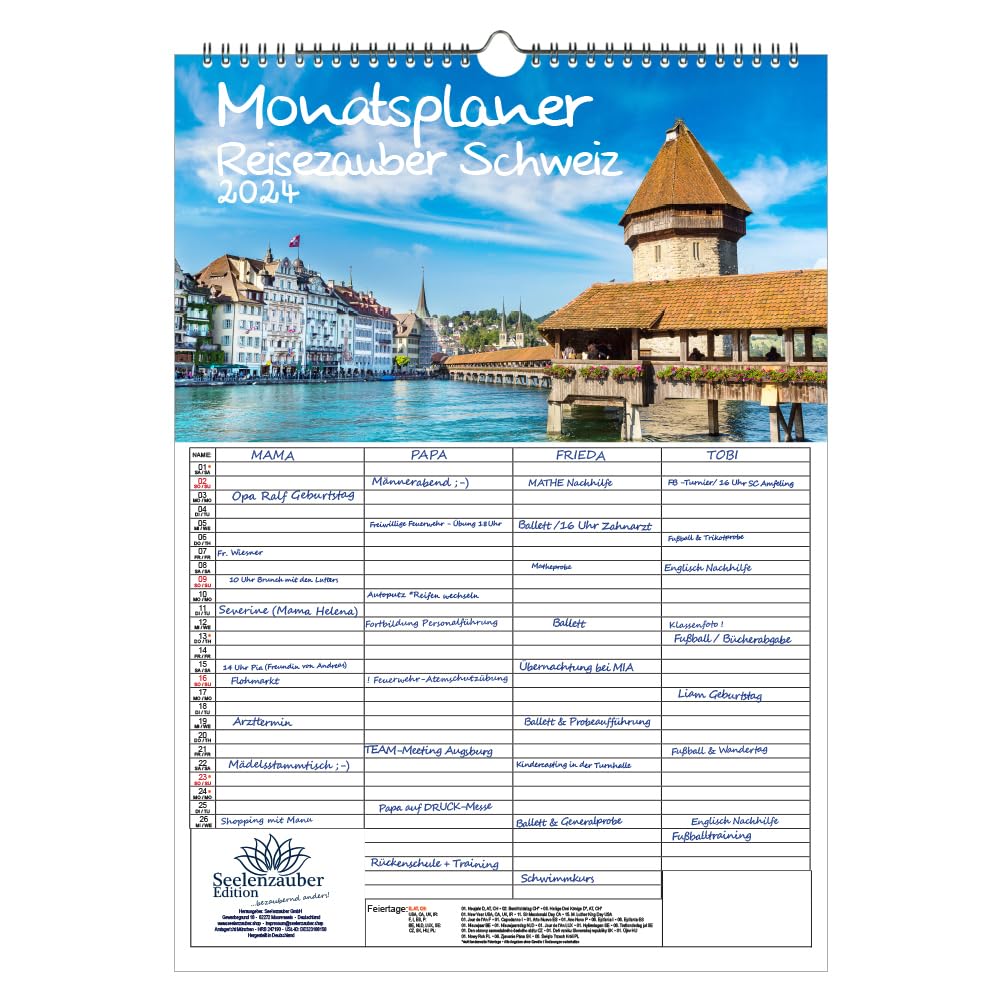 Reisezauber Switzerland Wall Planner Family Planner 4 Column Planner A3 Calendar for 2024 Zurich Hiking Mountains Holiday Hiking Set Contents: 1 x Calendar, 1 x Christmas Card (Total 2 Pieces)