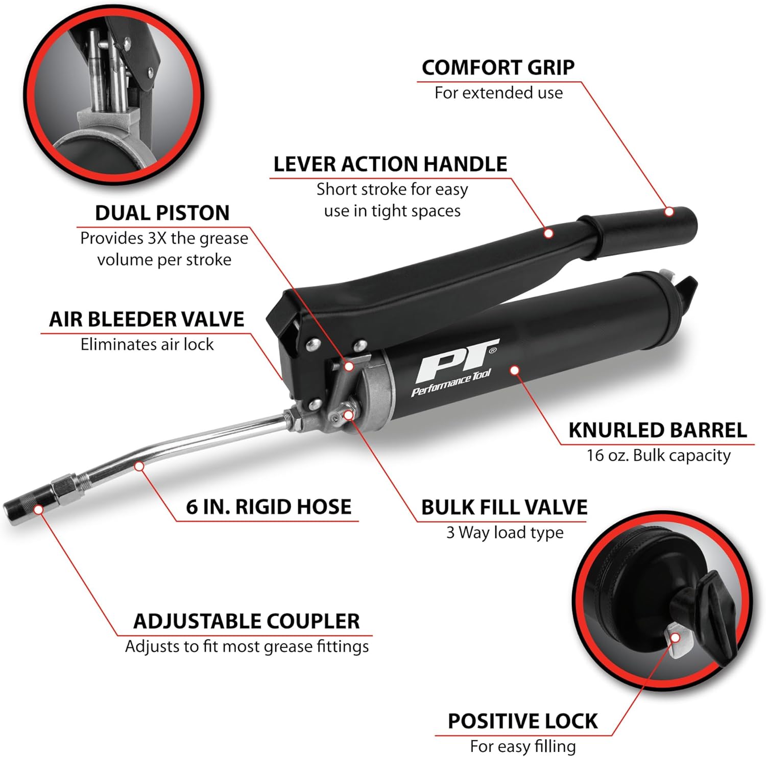 Performance Tool W54296 Heavy Duty Lever Action Grease Gun with Dual Piston Design and 10,000 PSI Operating Pressure for Efficient Lubrication
