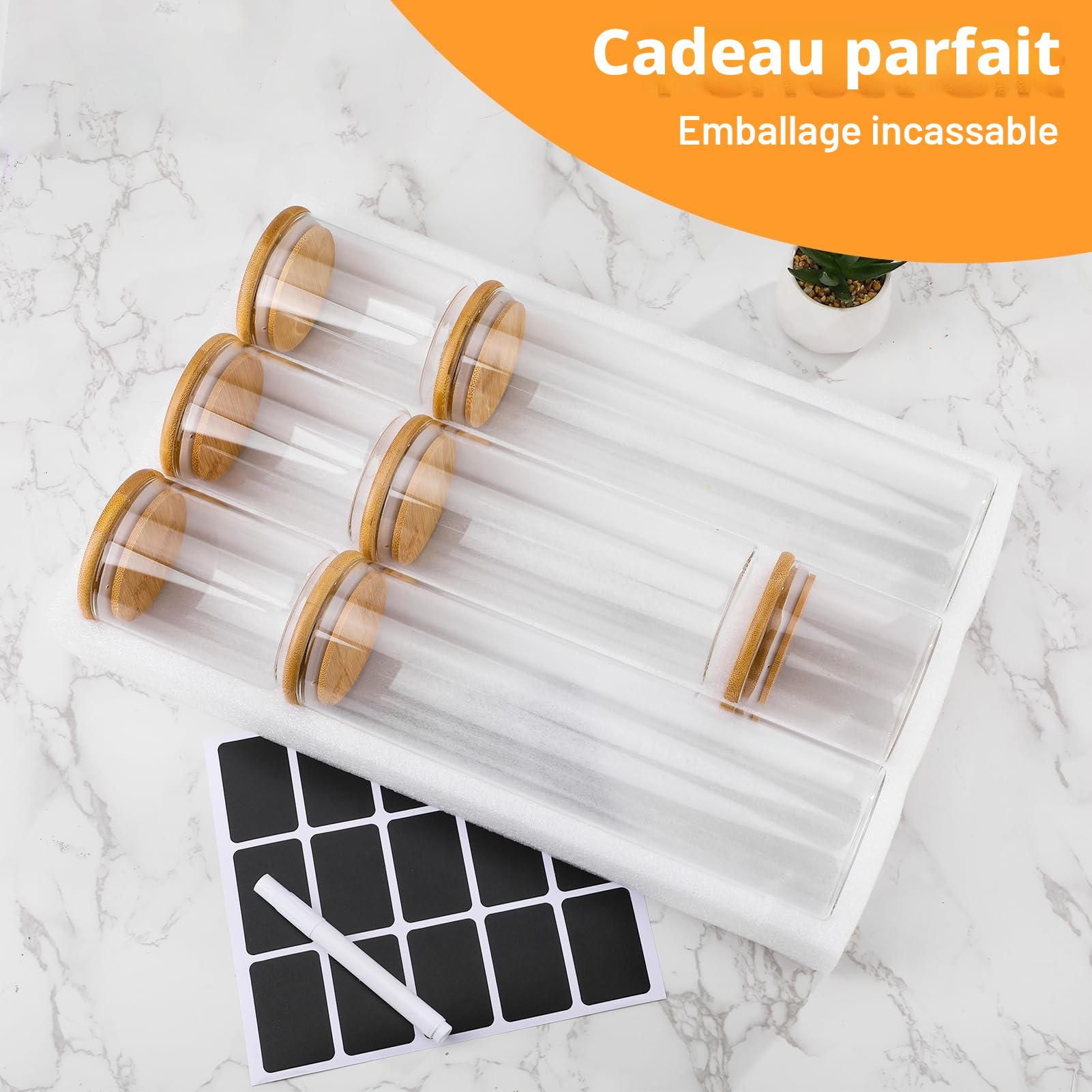Bocaux en Verre avec Couvercle en Bambou - Set de Rangement Cuisine Hermétique 7 Pièces (2×1400ml, 3×500ml, 1×400ml, 1×900ml)