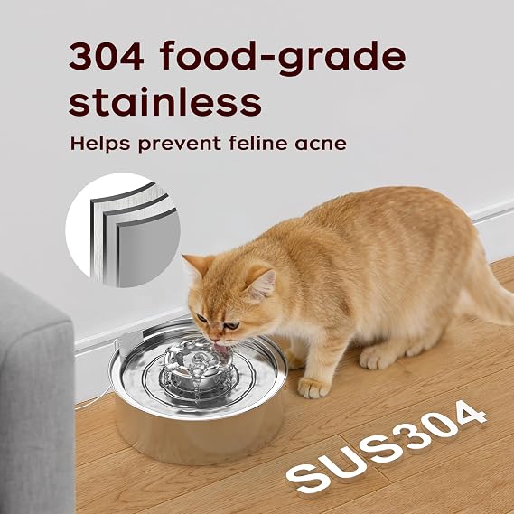 Cat Water Fountain,Stainless Steel 2.0L/67oz Automatic Circulating Pet Water Fountain,Ultra-Quiet Pump with LED Light,Dishwasher Safe,Cat Fountain Suitable for Cat and Puppy (2L Cat Fountain)