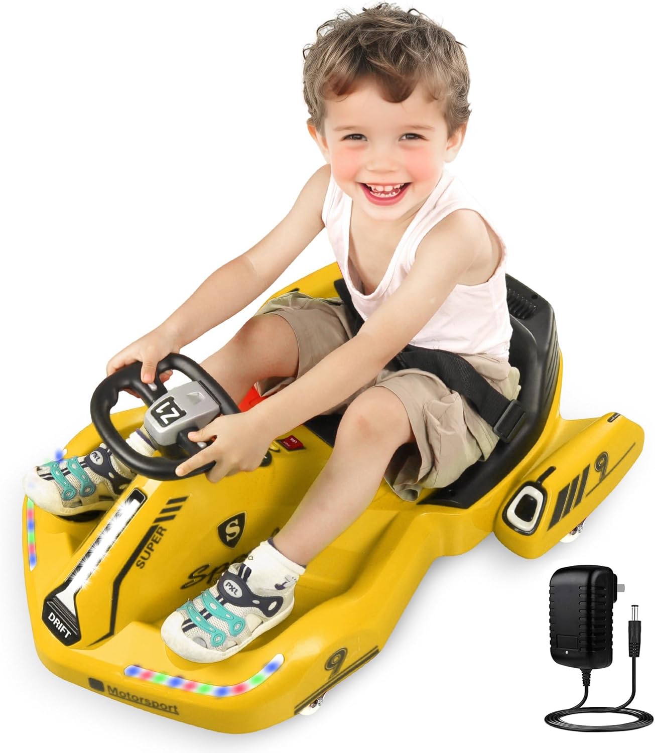 Electric Wiggle Car, 12V Kids Ride On Toys for Ages 3 and Up, Racing Toy 360° Spin with Anti-Rollover, LED Lights, 2 Speeds, 120 LBS. Yellow.