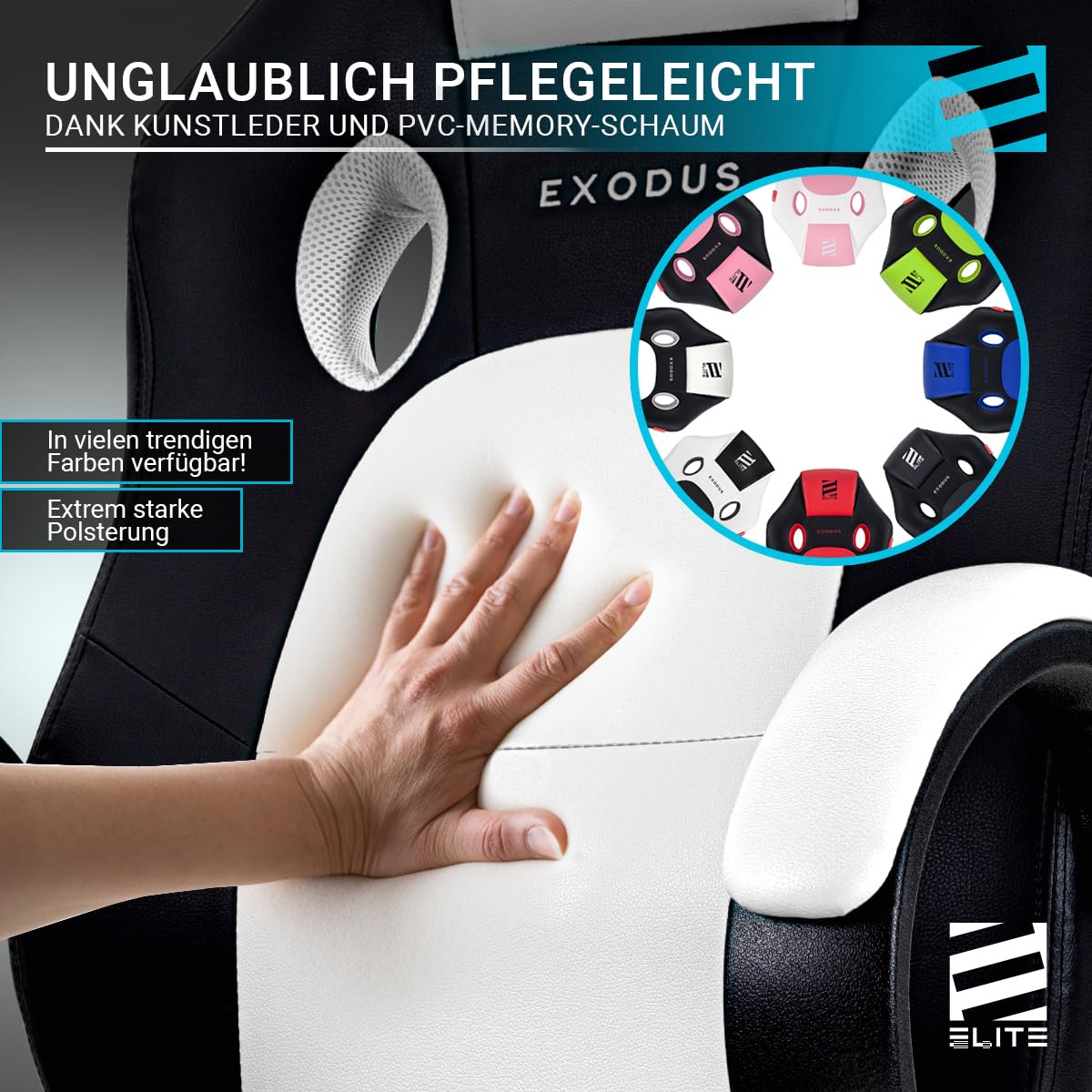 ELITE Gaming Stuhl Exodus | Ergonomischer Bürostuhl - Schreibtischstuhl - Chefsessel - Sessel - Racing Gaming Stuhl - Gamingstuhl - Drehstuhl - Chair - Kunstleder Sportsitz (Schwarz)