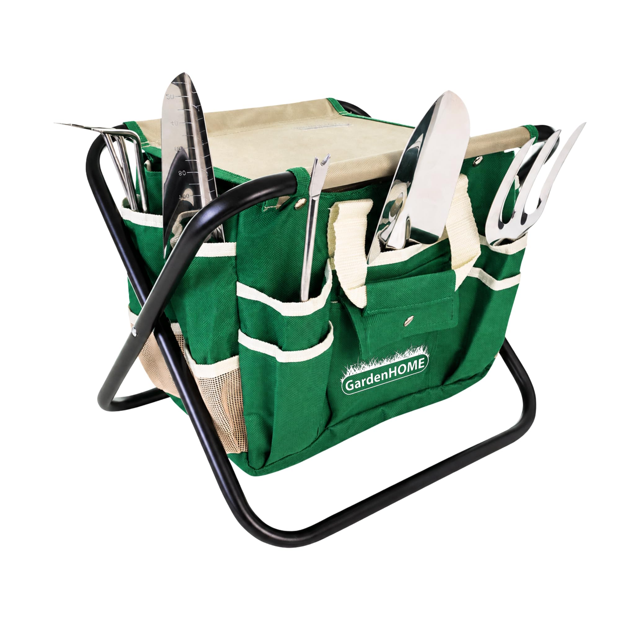 GardenHOME Kit Complet d'Outils de Jardinage - 7 Pièces, Acier Inoxydable Robuste, Tabouret Pliant Solide, Sac à Outils Détachable