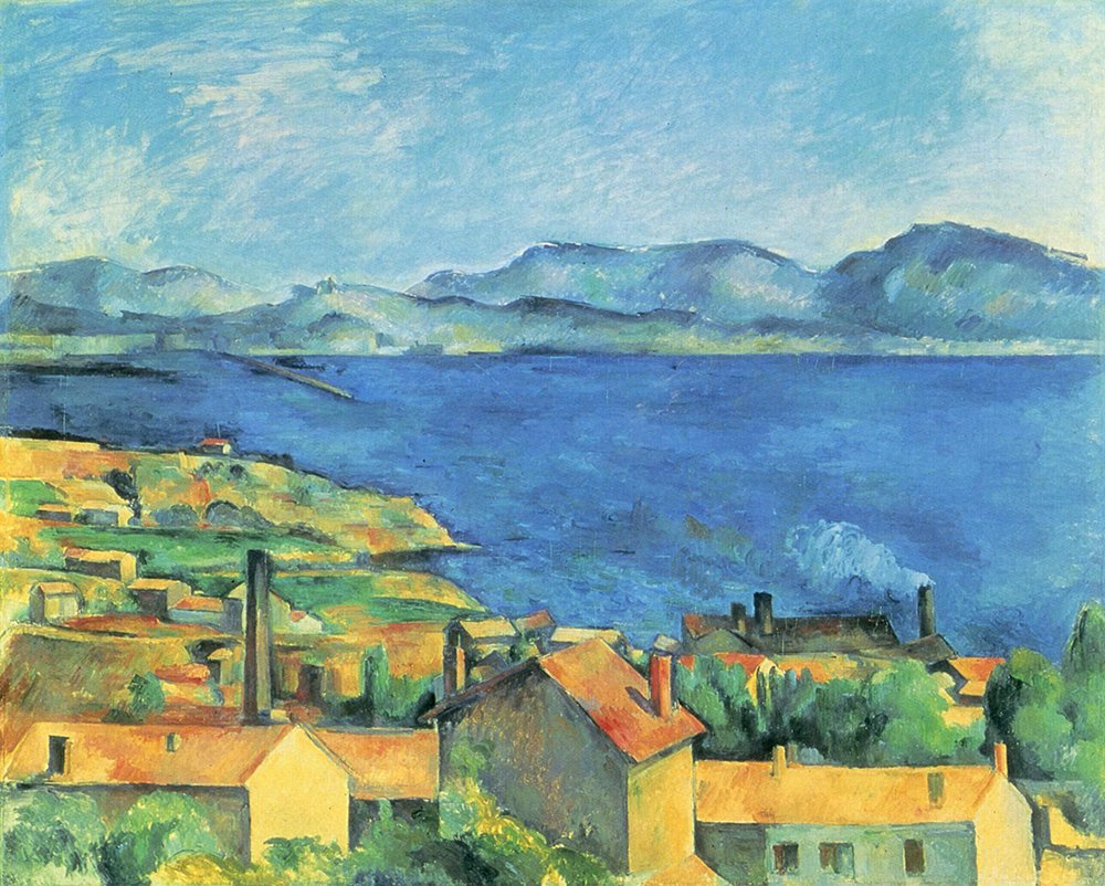 Tableau Paul Cézanne Mountains and Houses avec cadre marron format medium