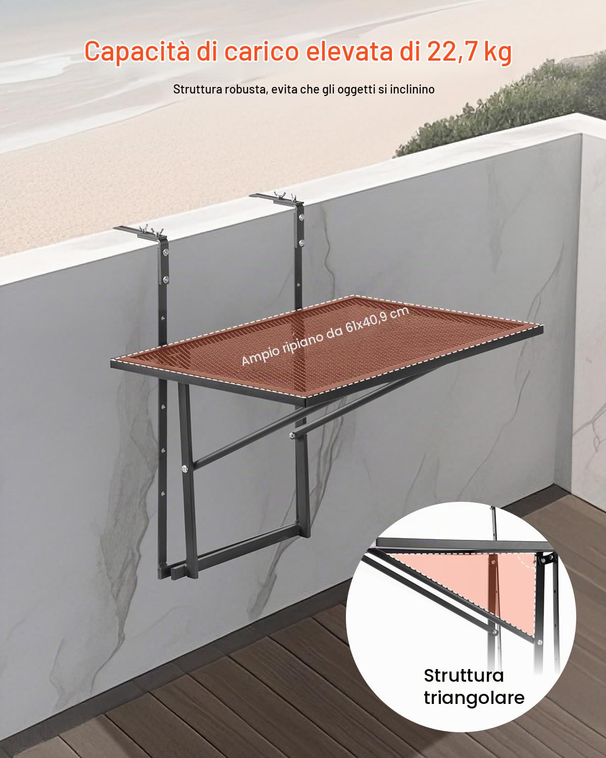 VEVOR Tavolo Sospeso Pieghevole in Metallo per Ringhiera del Balcone da 610 x 410 mm, Tavolo da Bar all'Aperto per Ringhiere, Regolabile su 5 Livelli, per Ringhiere e Patio e Terrazza