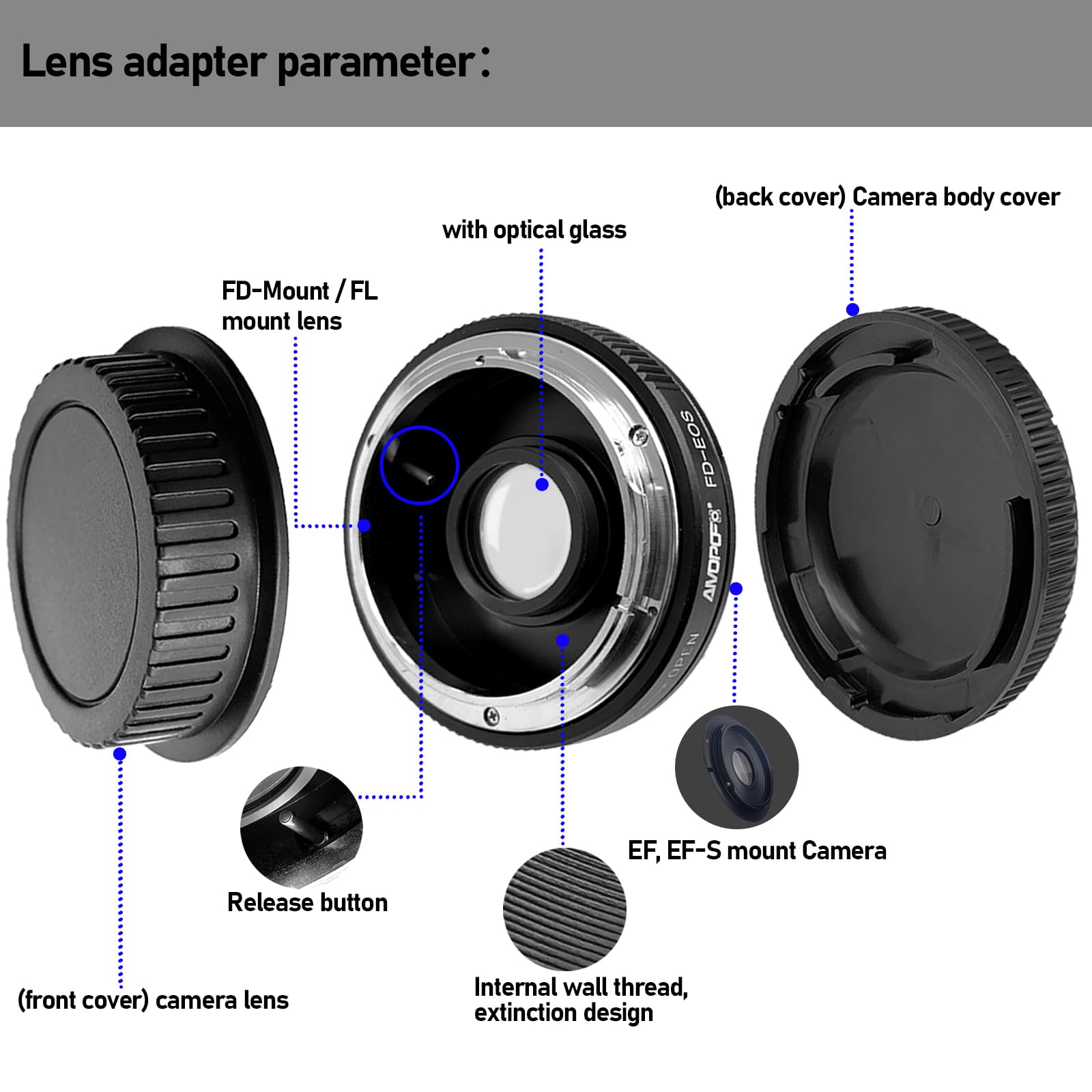 FD-EOS Adattatore per obiettivo per obiettivo Canon (FD/FL), compatibile con fotocamera EOS EF-S Mount 7D,10D,20D,30D, 40D,50D,60D, Rebel xt,T2i,T3,T3i,T4,400D,450D,1300D