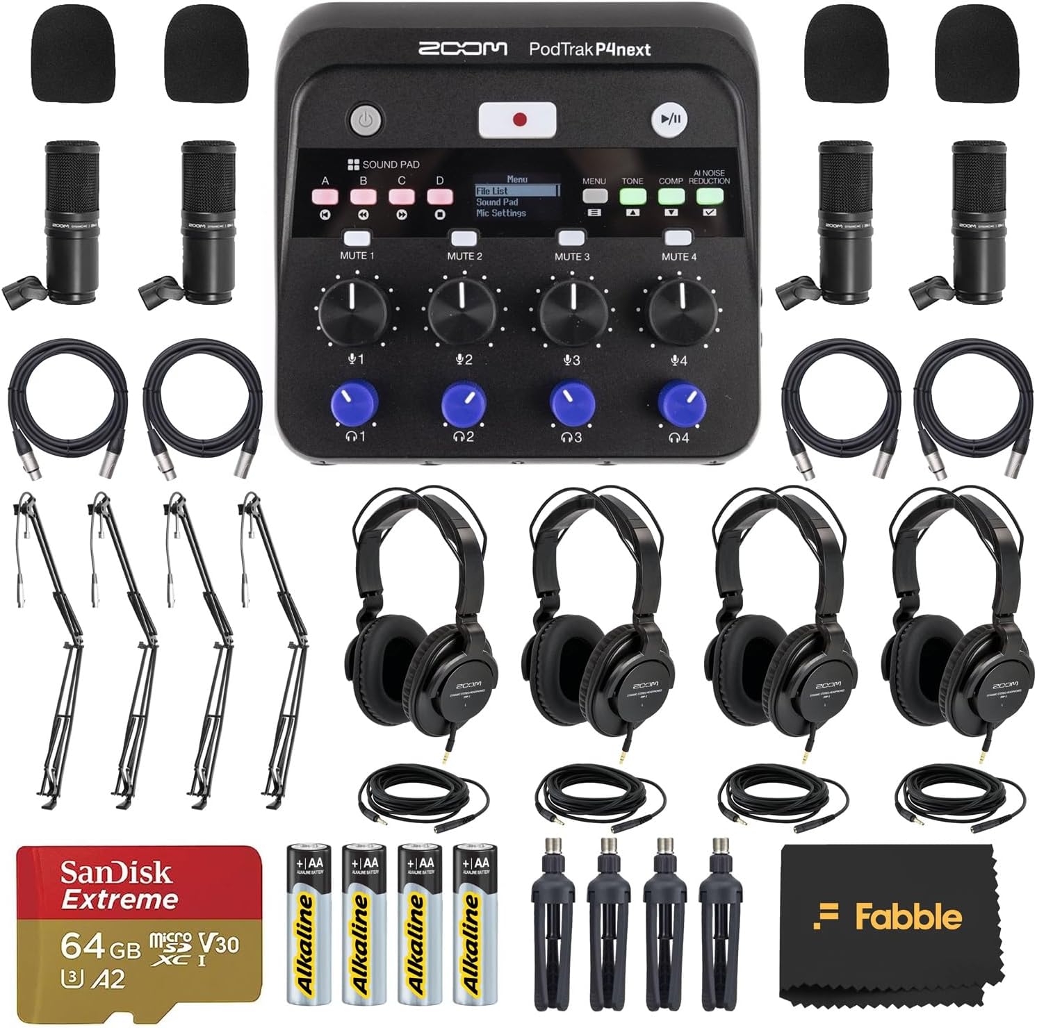 Zoom PodTrak P4next Portable Multitrack Podcast Recorder Bundle with 4 Zoom ZDM-1 Podcast Mic Packs, 4 On-Stage MBS5000 Boom Arms with XLR Cables, 64GB microSDXC Card and AA Batteries