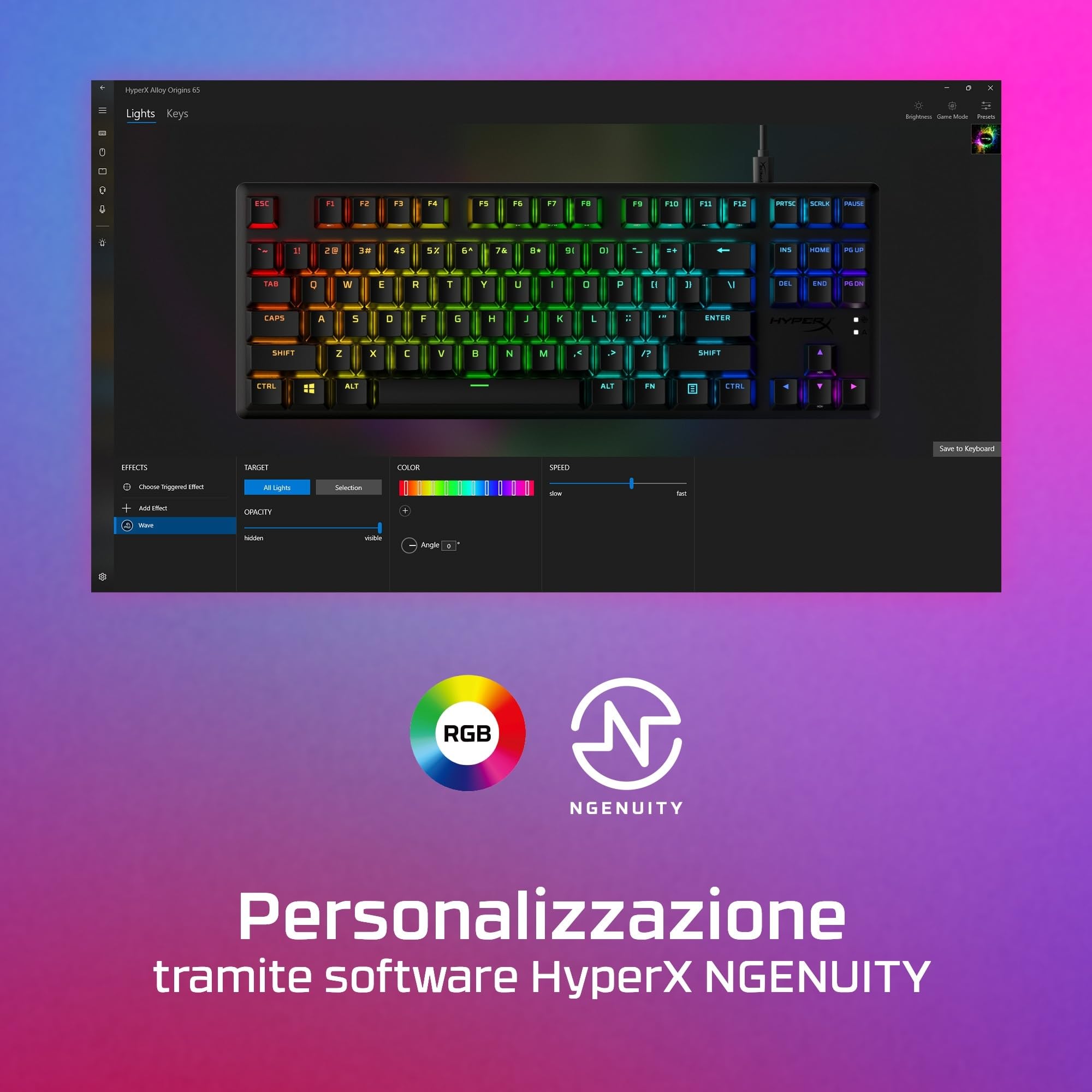 HyperX Alloy Origins Core PBT, Tastiera Meccanica da Gaming Cablata, Illuminazione RGB, Telaio Alluminio, 80 Milioni di Pressioni, Copritasti presenti, 3 Dispositivi Collegabili, Layout Inglese, Nera