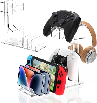 Kzlaonef Acrylic Game Console Shelf for PS5/Xbox/Switch | Desk Organizer with Headset & Controller Holder | Modern Gaming Accessory Storage