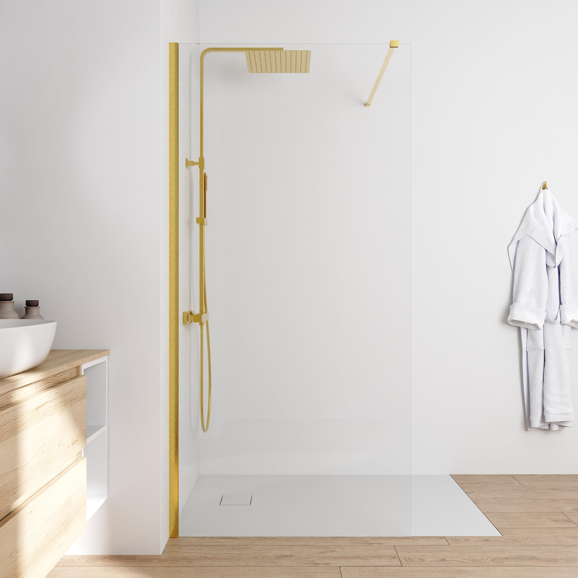 Parete Doccia Walk-In 100 cm Keros, Vetro Temperato 8mm Anticalcare, Profilo Alluminio Oro Spazzolato, Altezza 200 cm, Installazione Reversibile Dx/Sx con Barra Stabilizzatrice