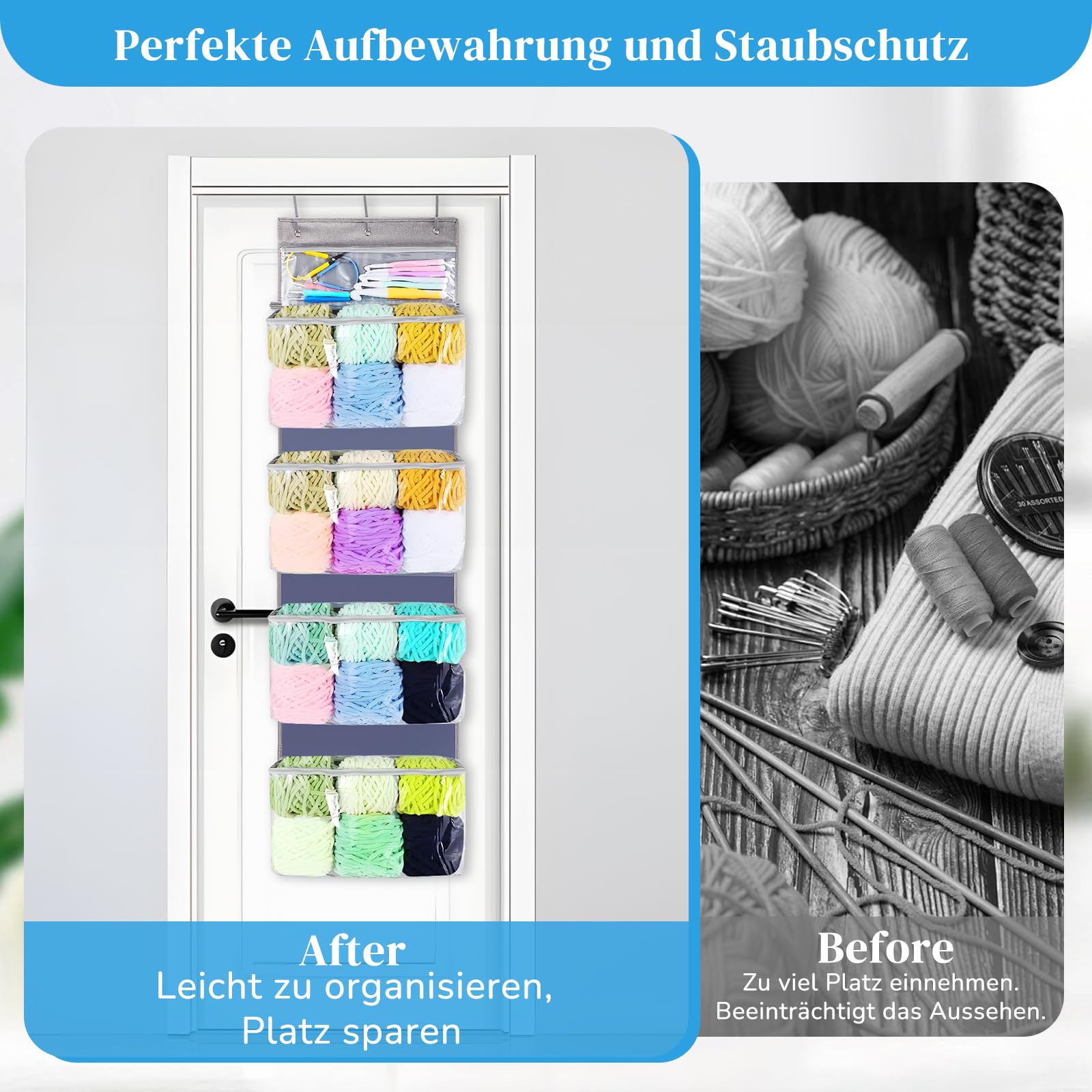 Tür hängende Wolle Aufbewahrung, Hängeorganizer Tür mit 5 durchsichtigen Kunststofftaschen & 3 großen Metallhaken für Stricknadeln,Hängender Garn-Organizer für Stricknadeln, Häkelnadeln, Nähkugeln