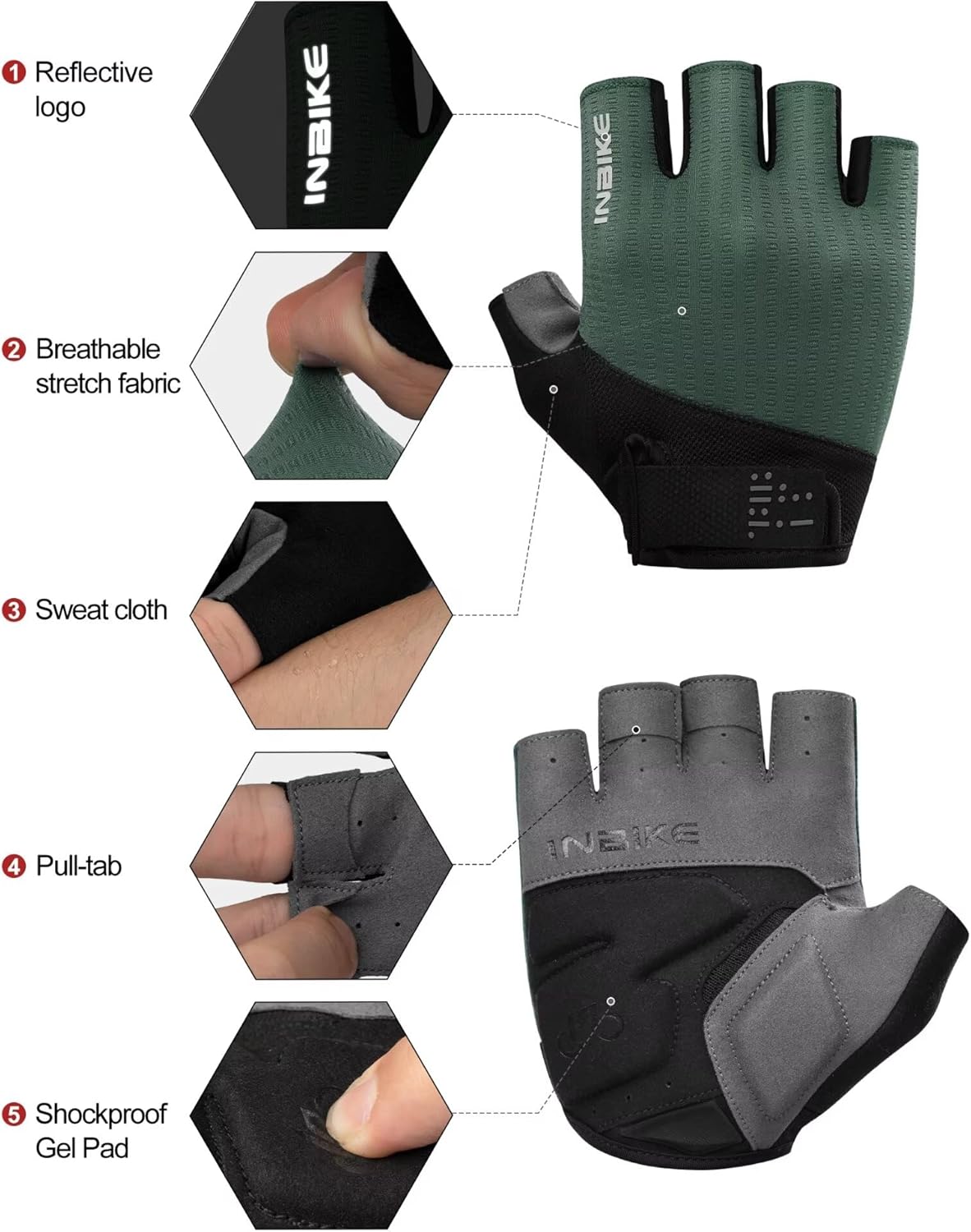 INBIKE Cycling Gloves for Men Women, Shock-Absorbing Memory Gel Padded Road Bike Gloves, Bicycle Breathable Half Finger Touchscreen Reflective Biking Gloves - Image 2