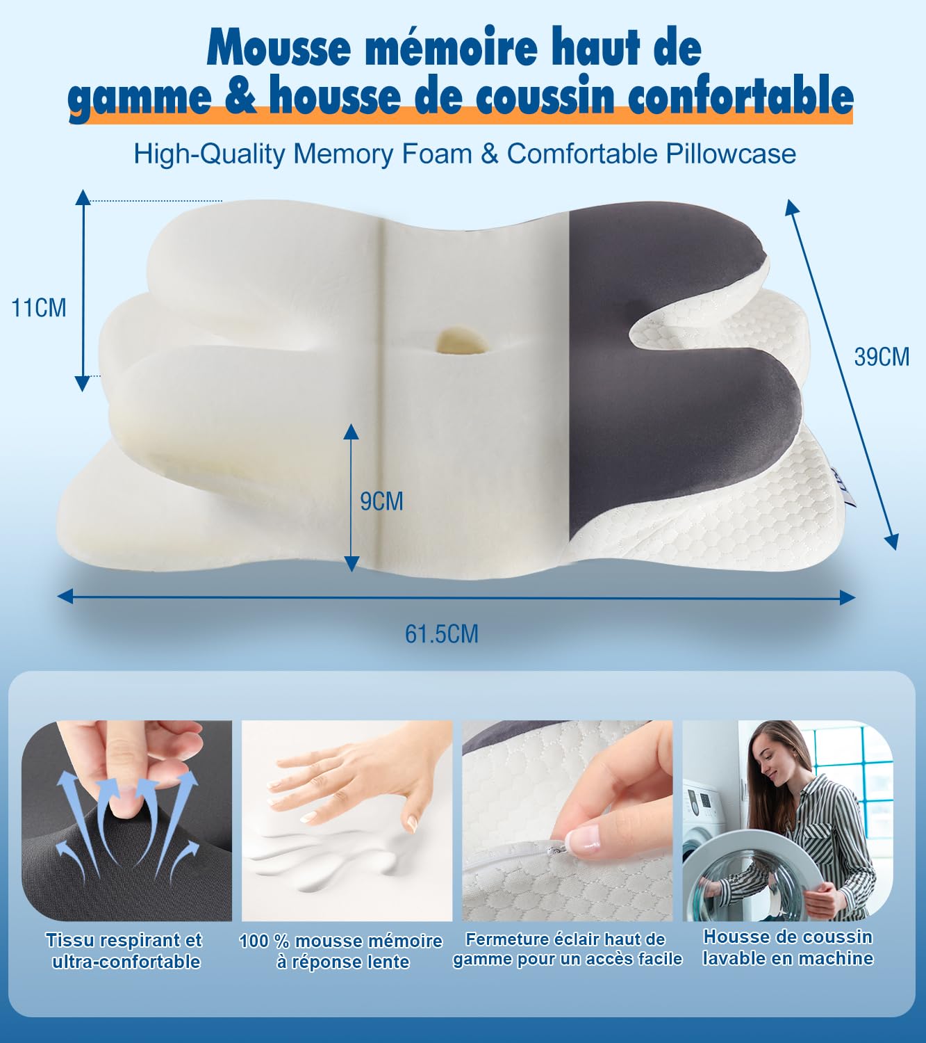 IDEA Oreiller Ergonomique Cervical, Oreiller Orthopédique à Memoire de Forme pour la Nuque, Oreiller Cervical pour Dormeurs sur Le Côté,Le Dos,Le Ventre, 60 x 40 x 9/11 cm