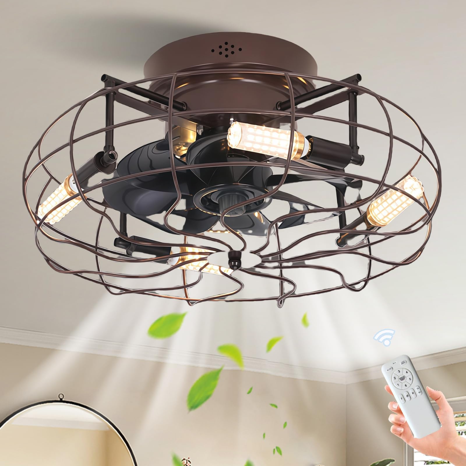 HXYSXHJUO 50CM Cage Ceiling Fans with Lights and Remote, 6 Speeds Industrial Fan Lamps Reversible DC Motor for Living Room, Dining Restaurant, Bedroom, Lounge-C