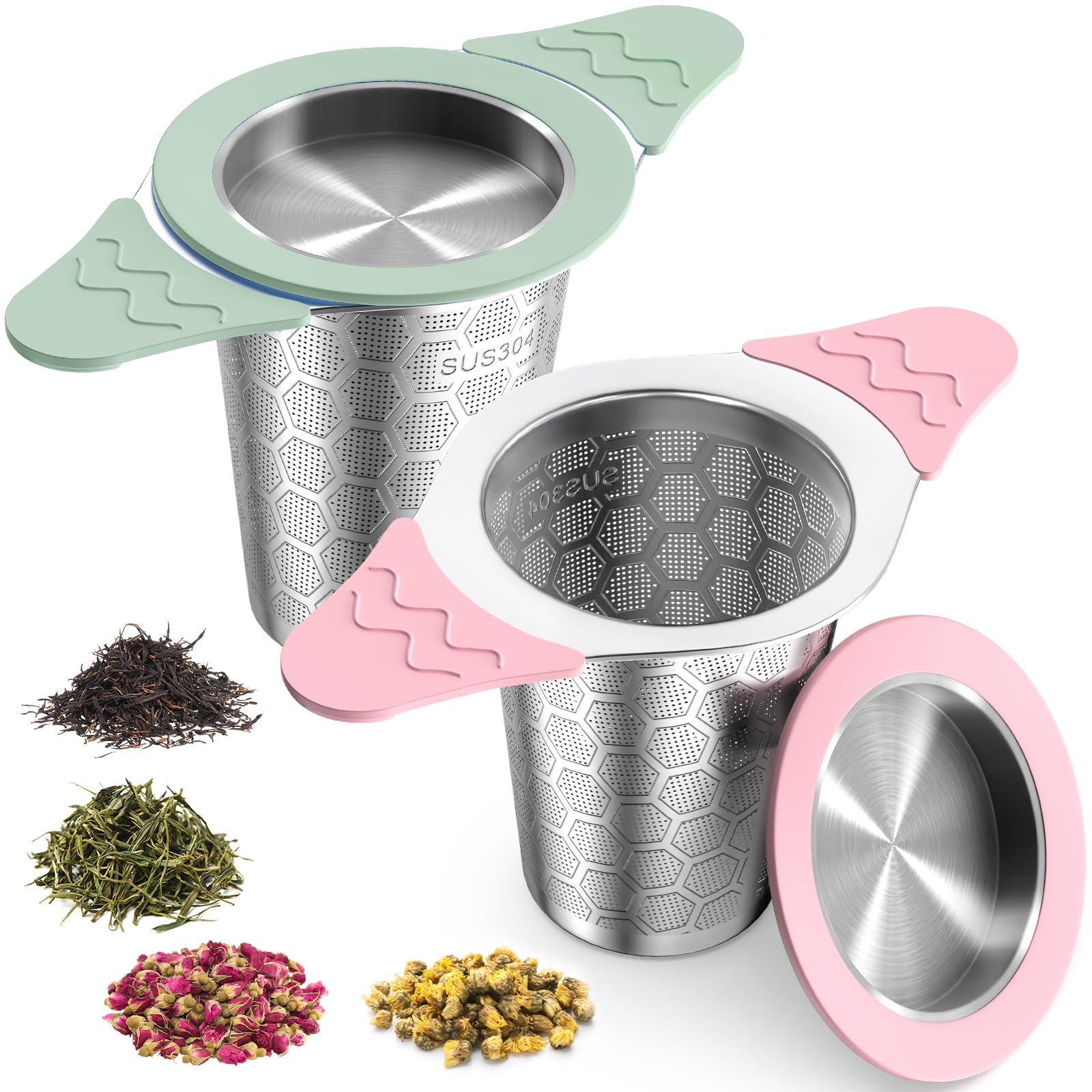 Tea Infuser for Loose Leaf Tea,Loose Leaf Tea Steeper with Heat Proof Silicone Handles,Fine Mesh Tea Strainers for Loose Tea Filter Fine Tea Leaves Effectively,Fits TeaPots/Mugs (Green&amp;Pink)