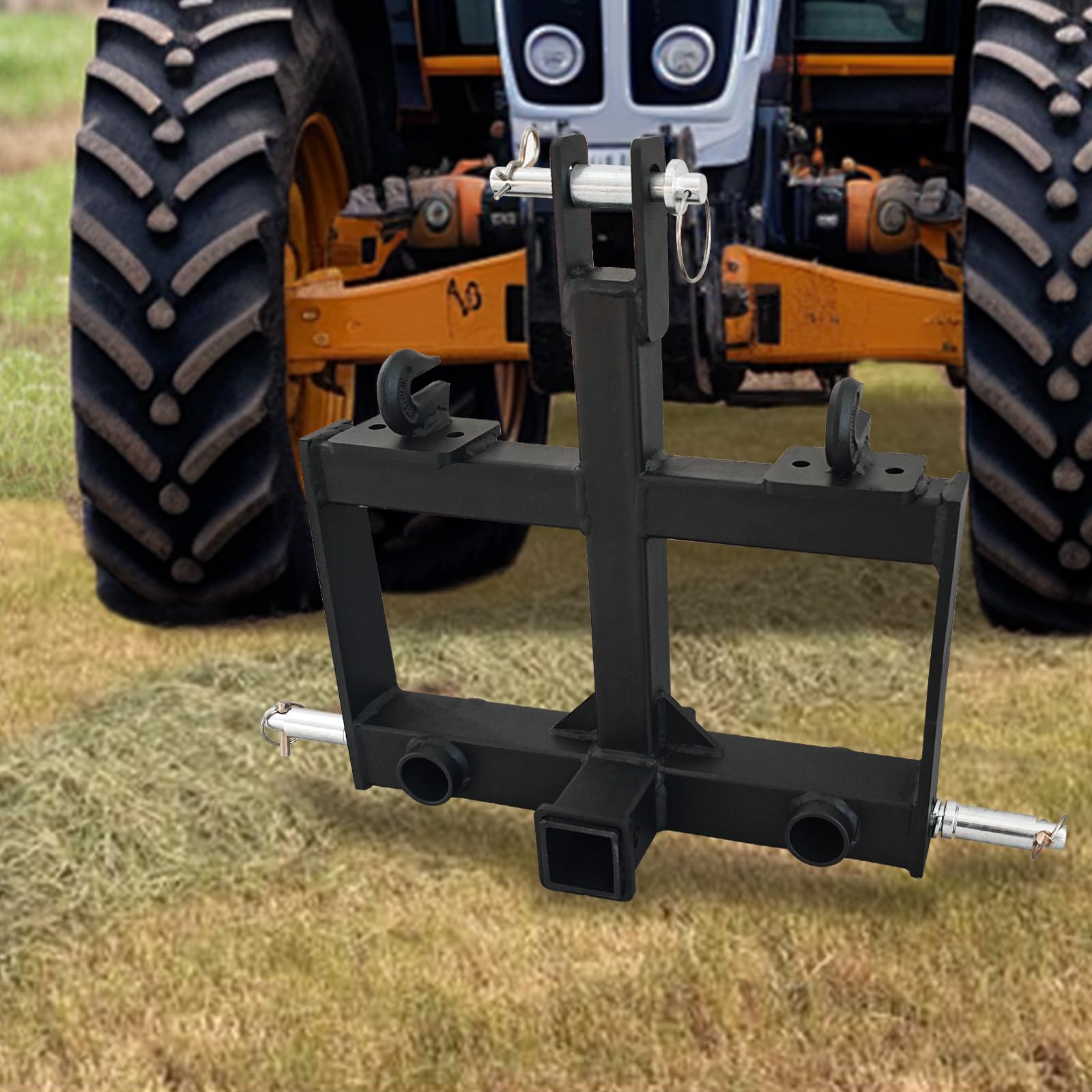 Garvee Attelage remorque 3 Points Robuste pour Tracteur – récepteur 2" en Acier Carbone – 2 Trous pour Pique à Foin – 2 Crochets – Cat 0 & 1 – Accessoire agricole – Noir
